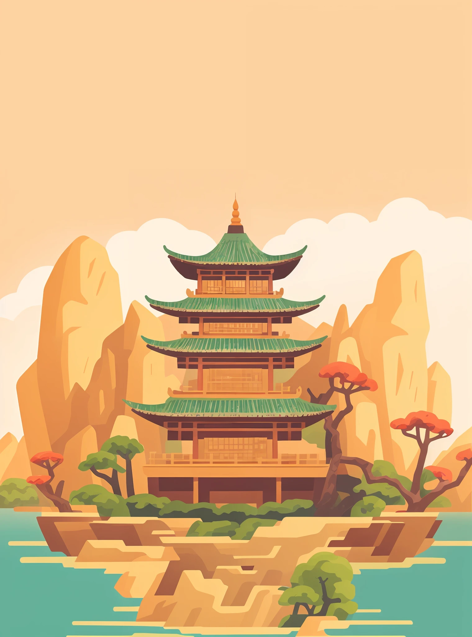 illustration of a pagoda in the middle of a lake surrounded by mountains, digital painting of a pagoda, background depicting a temple, temple background, zen temple background, chinese watercolor style, ancien chinese tower, a beautiful artwork illustration, background artwork, background art, chinese landscape, legend of korra setting, chinese building, serene illustration, chinese palace, pagoda