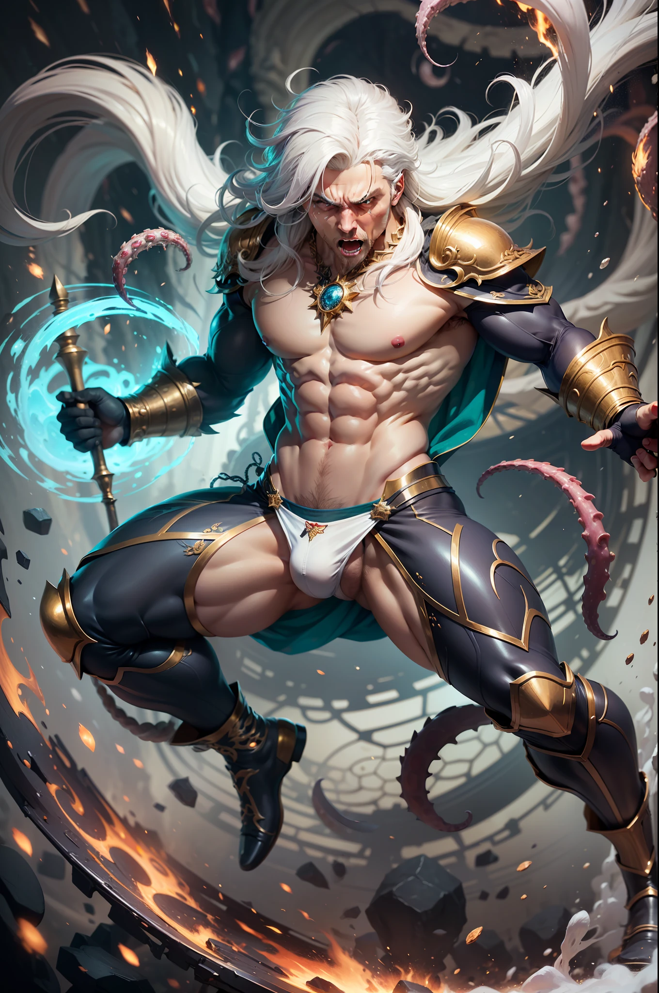 Full body image, Wizard man of micro loincloth being attacked by tentacles, intricate details, strong body, long messy white hair, sorcerer's outfit rich in details, vivid colors, abstract setting, centered image, dynamic pose, realistic, anime style, 16k, underwear with bulge, muscular hero underwear, underwear with hyper bulge, realistic, golden shiny particles, sorcerer's outfit with red underwear with detailed bulge,  Holding extremely detailed staff, ultra detailed full body image, expression of fear and panic, tentacles attacking and squeezing, expression of panic