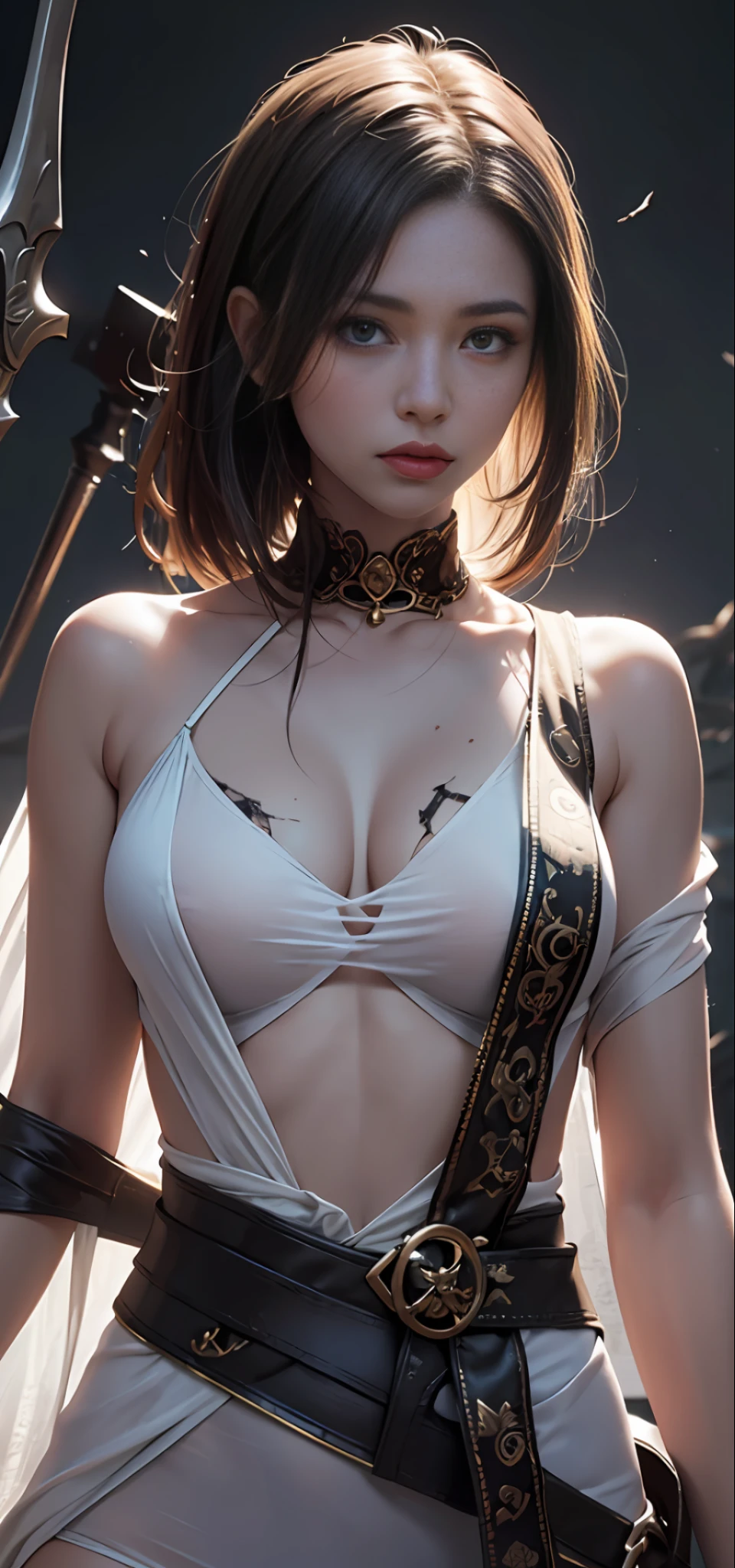 (1 girl:1.3), solo, __body parts__, official art, unified 8k wallpaper, super detailed, beauty and aesthetics, beautiful, masterpiece, best quality, fantastic atmosphere, calm color palette, peaceful mood, soft shadows, female assassin, charm spell, weapon, assassin's dogma, bare boobs, bare upper body, bare lower body, big breasts, white transparent clothes, exposed, sexy clothes, transparent clothes, pink, sexy expression, very little fabric, tattered clothes, tattered clothes, breasts, face, sexy poses, --auto
