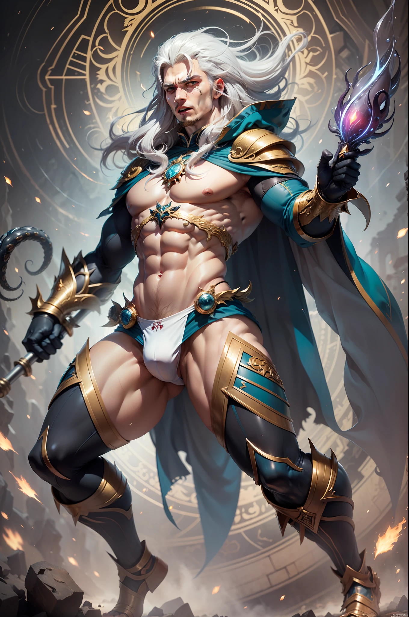 Full body image, Wizard man of micro loincloth being attacked by tentacles, intricate details, strong body, long messy white hair, sorcerer's outfit rich in details, vivid colors, abstract setting, centered image, dynamic pose, realistic, anime style, 16k, underwear with bulge, muscular hero underwear, underwear with hyper bulge, realistic, golden shiny particles, sorcerer's outfit with red underwear with detailed bulge,  Holding extremely detailed staff, ultra detailed full body image, expression of fear and panic, tentacles attacking and squeezing, expression of panic