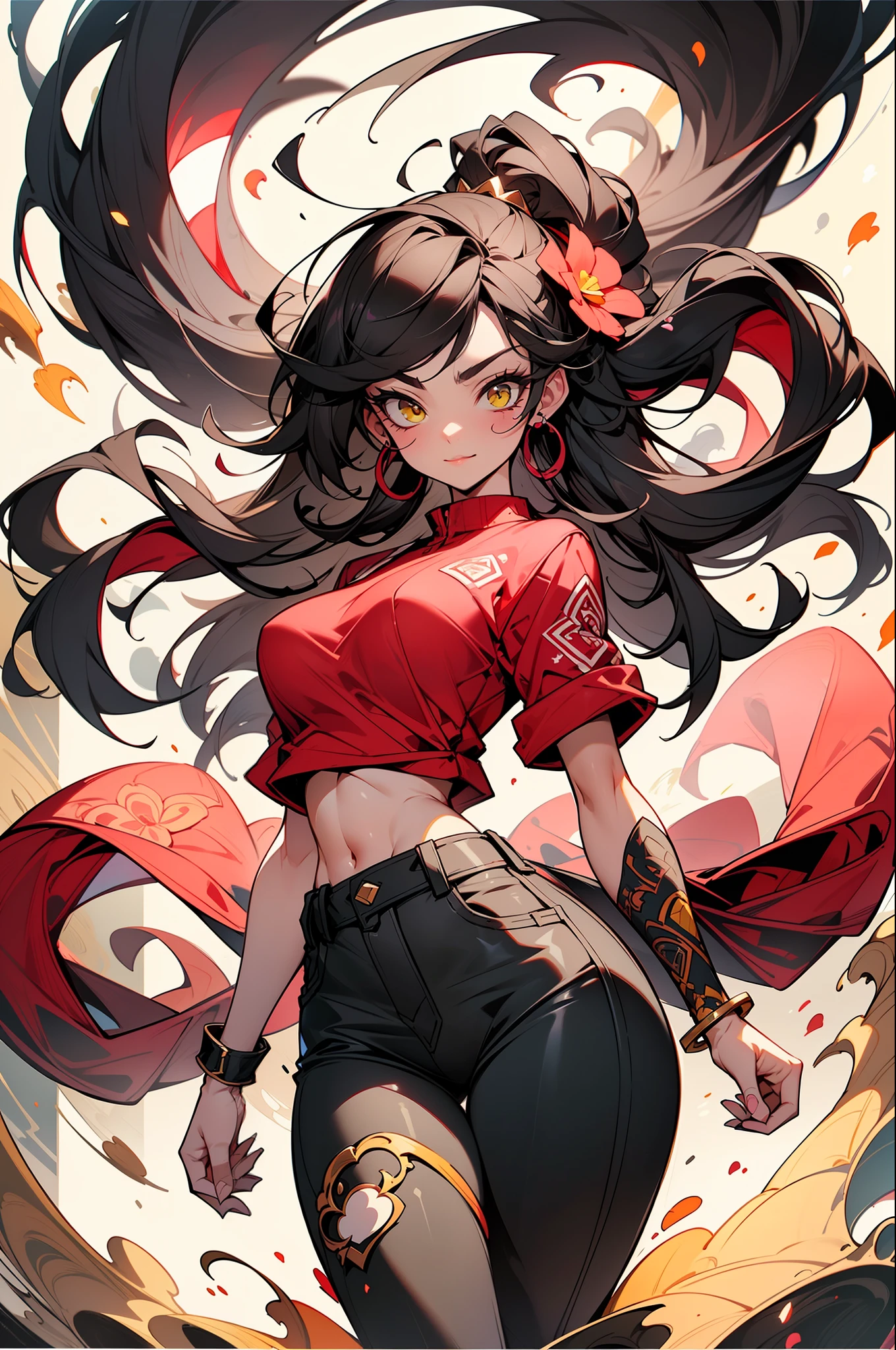 background, mixed language_text, Japanese letters in graphite, beautiful woman ashley alexiss, beautiful woman with long  hair ultra detailed, (beautiful and clear background:1.2),, fantastic paintings ,graffit style,  flowers, olhos altamente detalhados , a t-shirt or dressed in a white blouse underneath, with both fists in a fighting position, and bracelets, fighting against an enemy, with long black hair , stained glass colored,  out, vibrant, alphonse much,   Black star design stamped in the middle of the t-shirt, perfect and detailed sculptural body, ultra detailed shirt with abstract design and with Japanese letter print in graphite of the sides of the clothing, jeans used, large chest, with immersive effects, hover effect, graphite background style flowers with flowers and vibrant colors, "ultra" HDR detailed and with focus effect,   (masterpiece: 1.2, best quality), (beautiful emerald yellow eyes with huge finely detailed eyelashes: 1.2), , ((Solo)), (Finely detailed eyes and detailed face: 1.3), beautiful ultra-detailed eyes, linear light smile, graphite and tattoo style background, woman, alone. midriff, skintight bodysuit with detailed tattoo style print, ultra-detailed gradient leather jacket, warm thighs, black skintight pants with ultra-detailed white and pink details, large breasts, ultra-detailed bracelets on the arms, , bracelet on the right arm with ultra bright red energy, https://produto.mercadolivre.com.br/MLB-3749803102-camiseta-anime-desenho-geek-manga-ilustraco-nerd-unissex-_JM, ::  comix STYLE oh-Yasui:: beautiful, perfect and detailed angular sharp oval human face, full body, comic style COLORS, perfect anatomy, centered, approaching perfection POSE, dynamic, highly detailed, character sheet extremely detailed, artstation, concept art, smooth, sharp focus, illustration,(beautiful and clear background:1.2), (extremely detailed, ultra-detailed, best shadow:1.1), large breasts,   , (white background:0.5), (illustration :1.1), (extremely fine a