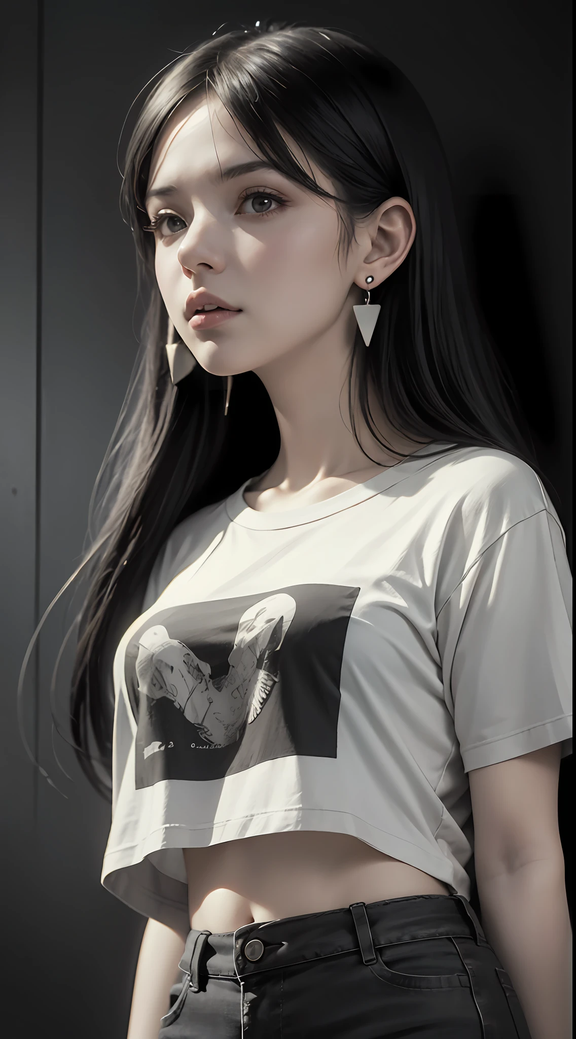 Beautiful Girl, Plain T-Shirt, T-shirt with Open Chest, Earrings, Accessories, Monotone, Cinematic Light, Ink Wash, Pop Art, Detail Enhancement, Edge Sharpening, Texture Enhancement, High Resolution, High Detail, Highlight, Whimsy, Shadow, High Contrast, Shadow Play