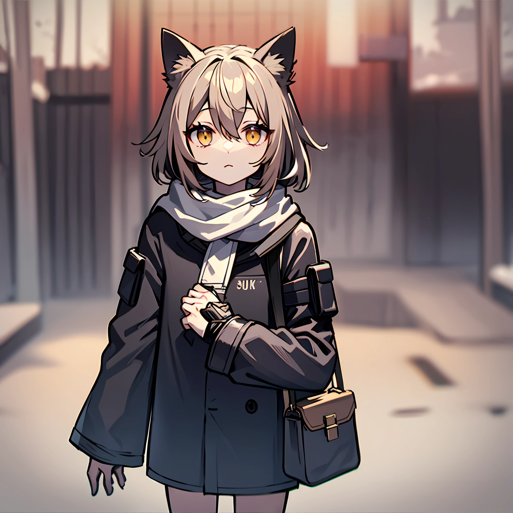 (masterpiece), (best quality), (very detailed), one girl, solo, yellow eyes, cat ears, gray hair, hair between eyes, closed mouth, looking viewer, black coat, white scarf, open clothes, winter, snow, wood, shoulder bag, disposable cup
