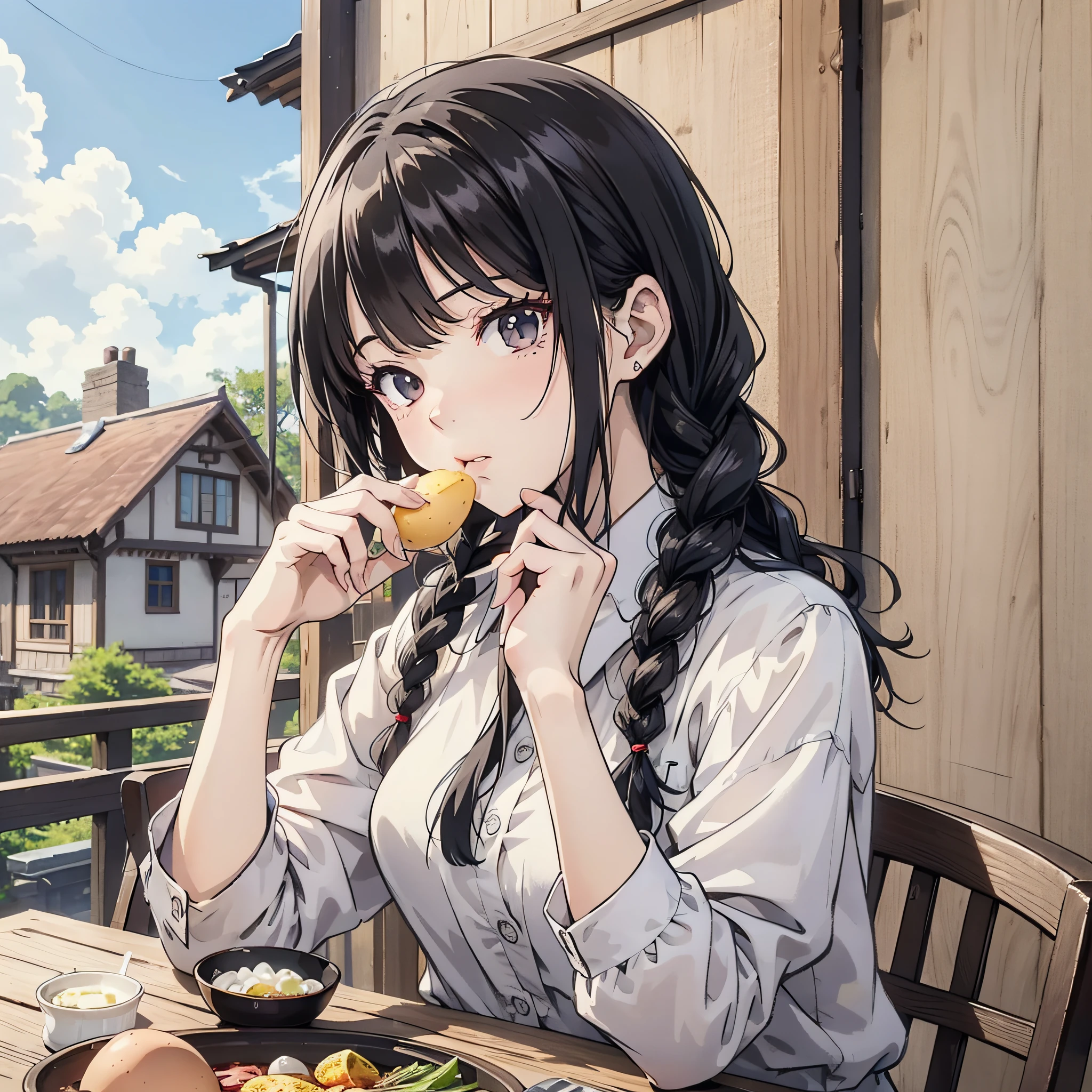 A woman in a white shirt with long black twist braid sitting at a table eating eggs in a village house, (twist braid 1.5) (tense expression 1.5) (upper body display 1.5) (background is village house 1.5) (girls 1.8) (cinematic light 1.5) (master masterpiece: 1.4), hyperdetail, anime style 4 K, anime rendering, anime style. 8k,