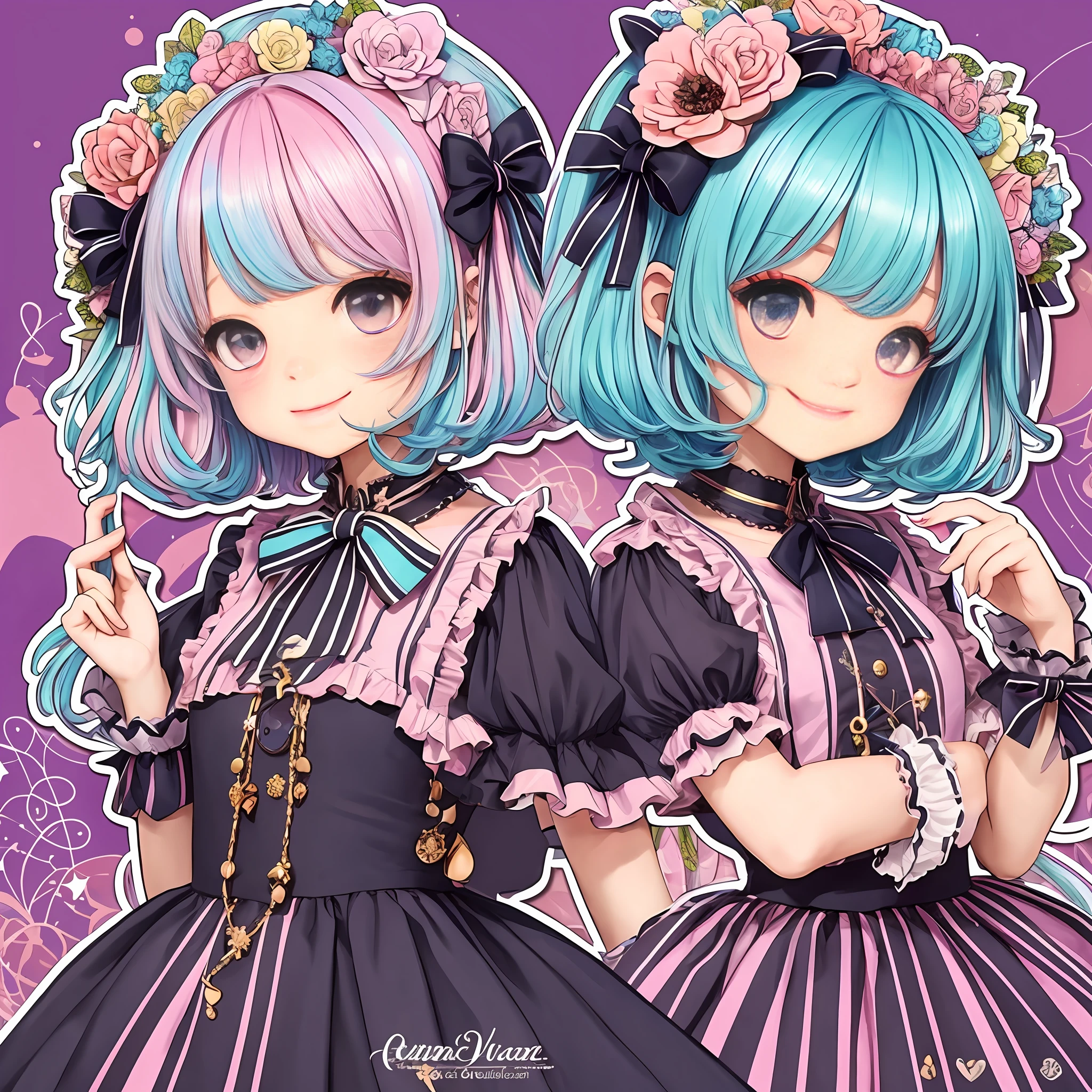 (Stickers: 1.2), (Chibi Chara: 1.3), Yumekawa, Cute as Dreams, (Masterpiece, Best Quality, Best Quality, Official Art, Beautiful and Aesthetic: 1.2), (Girls: 1.3), Upper Body, Super Smile, Fun Pose, Gothic Lolita Fashion, BREAK, (Colorful Pastel Hair: 1.2), BREAK