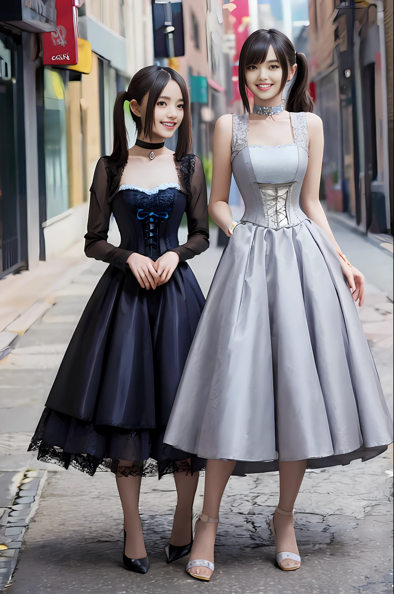 pony tails, corset, dress, choker, smiling, muted colors, cinematic, grain, sharp focus, [ulzzang-6500-v1.1:0.7], full body, high heels