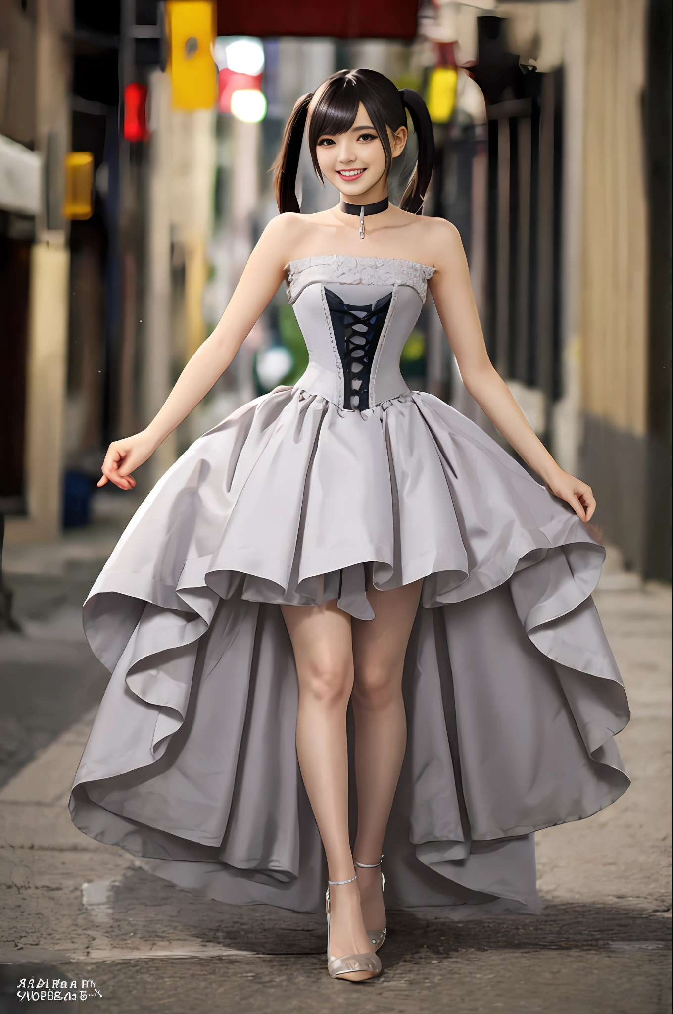 pony tails, corset, dress, choker, smiling, muted colors, cinematic, grain, sharp focus, [ulzzang-6500-v1.1:0.7], full body, high heels