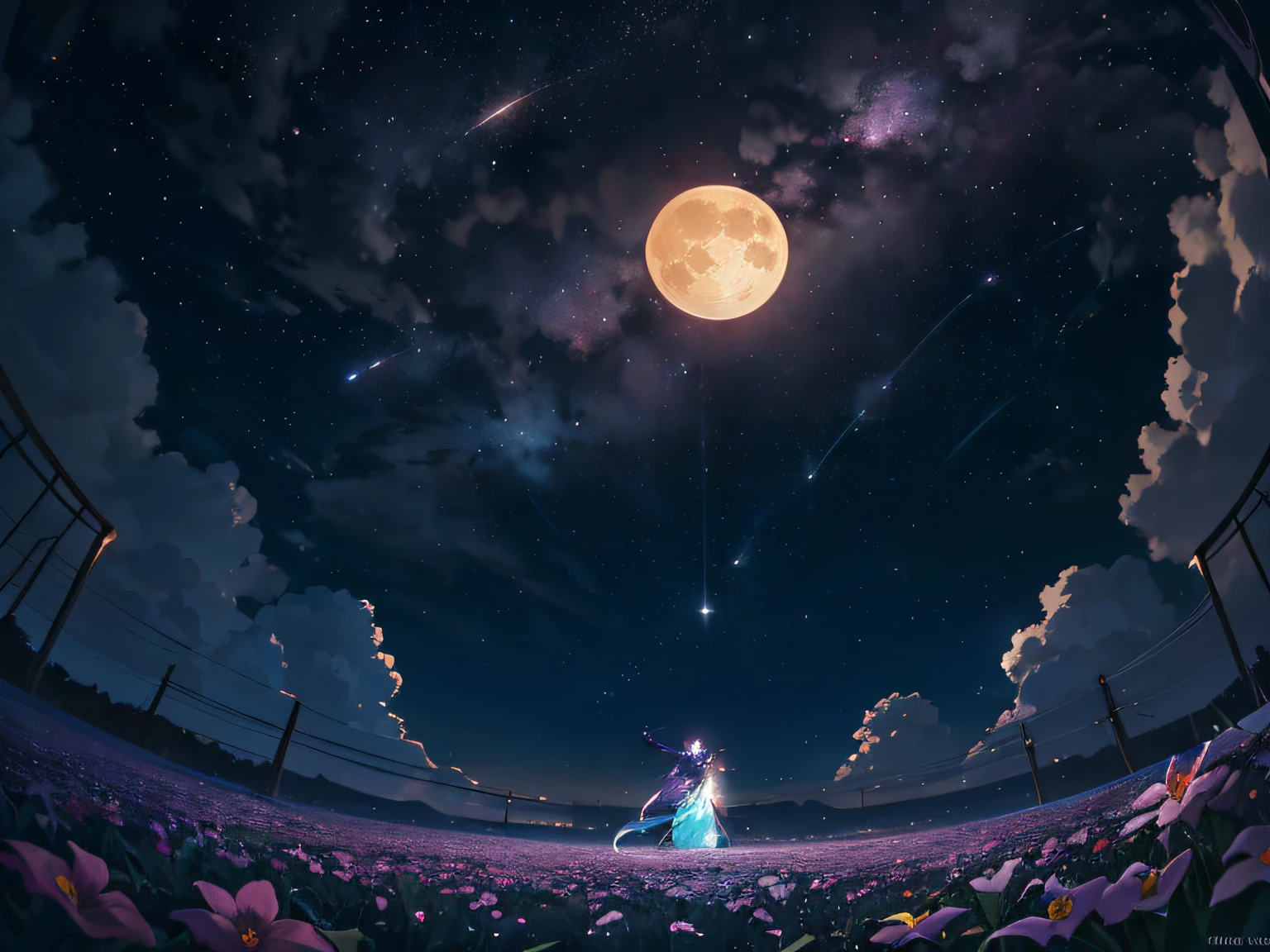 Vast landscape photos, (from below, the sky above, open fields below), a girl standing on a flower field looking up, delicate facial features, dressed in Hanfu (Full Moon: 1.2), (Meteor: 0.9), (Nebula: 1.3), distant mountains, trees BREAK Making art, (warm light source: 1.2), (Firefly: 1.2), lamps, lots of purple and orange, intricate details, volumetric lighting BREAK (Masterpiece: 1.2), (Best Quality), 4K, Ultra Detailed, (Dynamic Composition: 1.4), Detailed, Colorful, (Iridescent: 1.2), (Glow, Atmospheric Lighting), Dreamy, Fantastic, (Solo: 1.2)