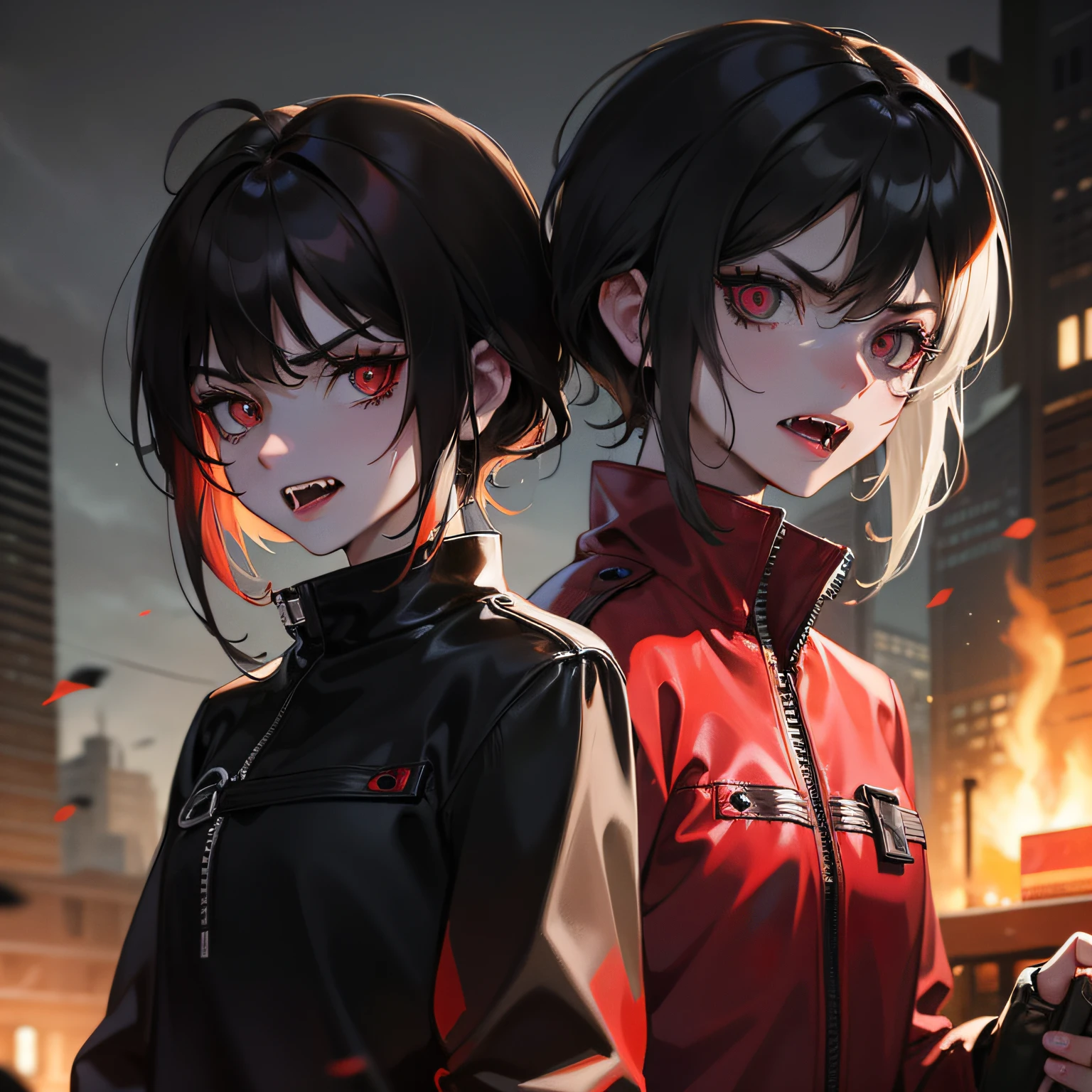 Zombie, scarlet eyes, fangs, serious face, short black hair