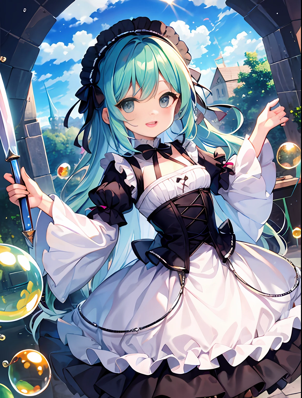 (Stickers: 1.3), Chibi Characters, Warrior Pose, RPG, (Has Holy Sword Excalibur: 1.5), Holy Knight Costume, Town, Yumekawa, Cute as a Dream, Jewels, (Masterpiece, Best Quality, Best Quality, Official Art, Beautiful and Aesthetic: 1.2), (2 Girls: 1.3), Super Smile, Fun Pose, Gothic Lolita Fashion, Pattern, BREAK, ( Colorful pastel hair: 1.2), BREAK, soap bubbles, rainbow behind, clouds, colorful, soap bubbles, cute, pastel,