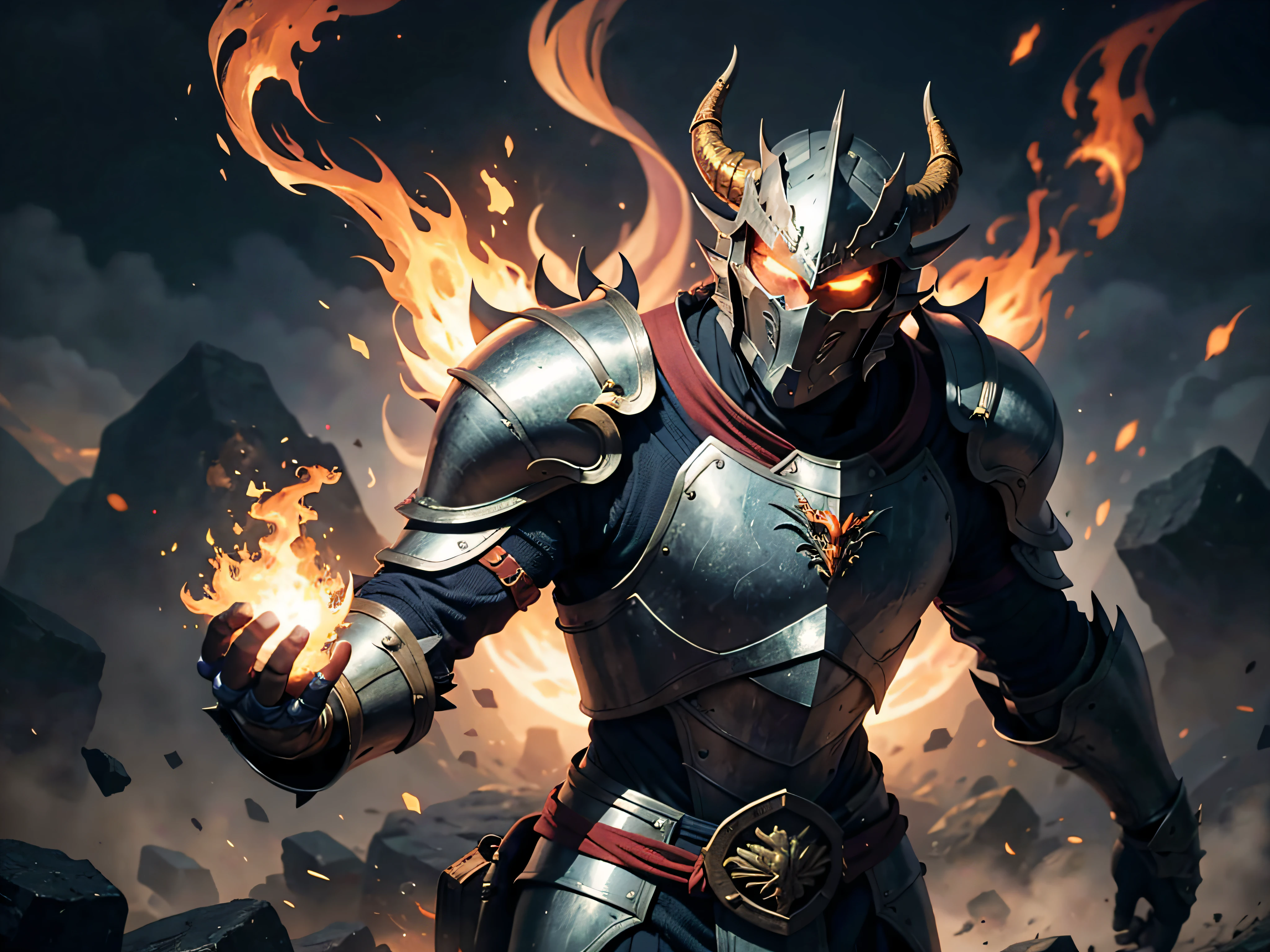 Man standing, black armor, black armor, black armor, medieval armor, dragon-inspired details and lines on armor, dragon-like armor, magma flowing through the lines of the armor, flames coming out of the eyes of the helmet, glowing, rendered, semi-realistic, semi-realistic style, illustration, splash art, highly detailed, dark fantasy, light armor, amazing armor, light armor, black armor