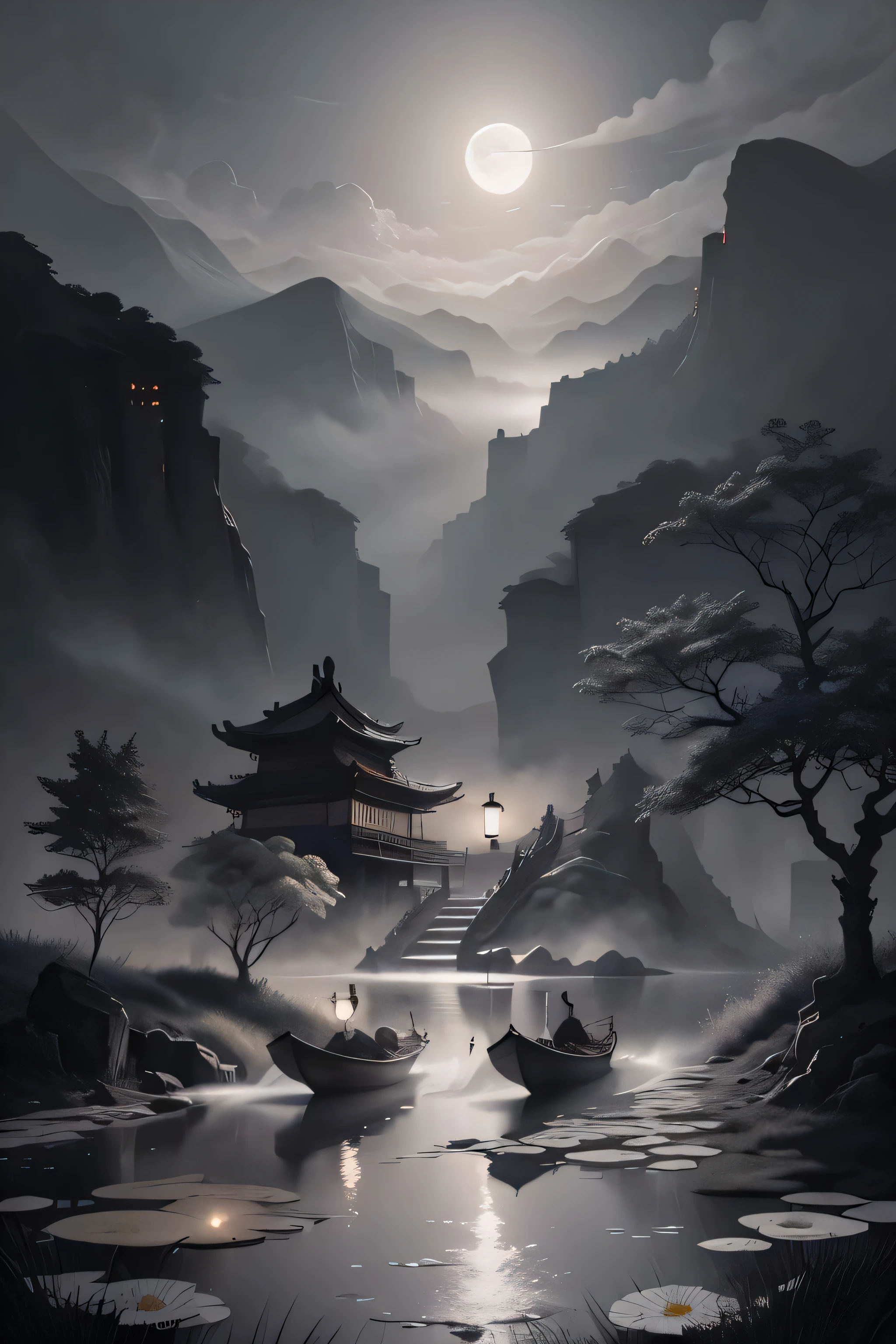 masterpiece,best quality,Chinese martial arts style,an asian night scene with lanterns and water lilies,asian pond with many lanterns and boatsa night scene with many lights and boats in the water, Lake surface, lotus flowers,beautiful night scene,(((Chinese martial arts style))), with vast sky, continuous mountains and steep cliffs, ink wash style, outline light, atmospheric atmosphere, depth of field, mist rising, bamboo, pine trees, octagonal stone pavilion, waterfall flowing water,big full moon,(No color) , Monochrome, light color,