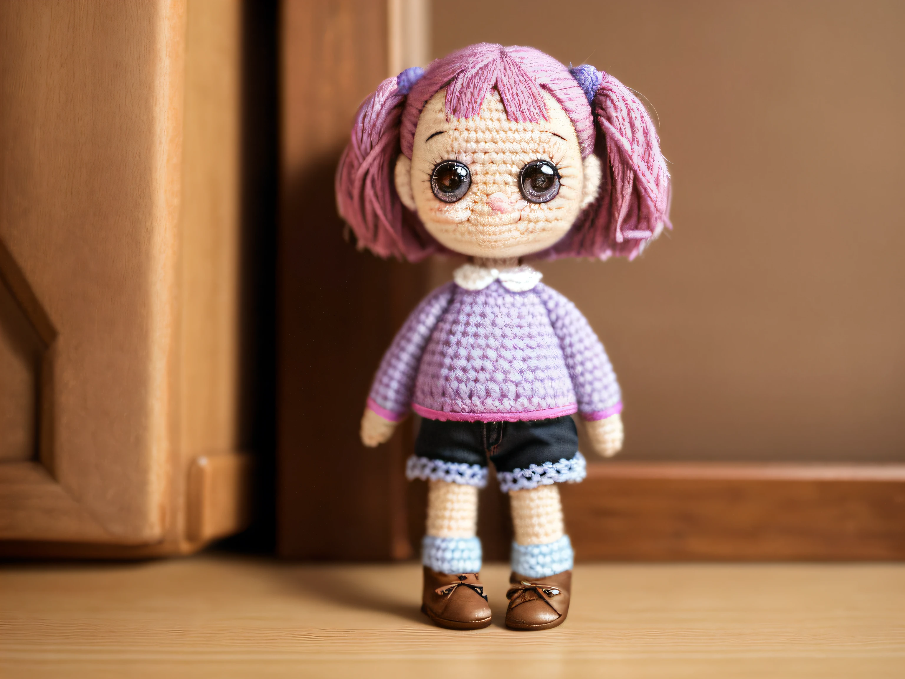 there is a crocheted doll with pink hair and a purple sweater, cute pocelain doll, small li girl, portrait of barbie doll, amigurumi, portrait of cute anime girl, chibi girl, cute girl with short pink hair, beautiful pink little alien girl, cute kawaii girl, plush doll, front portrait, doll phobia, doll in hand, cute character