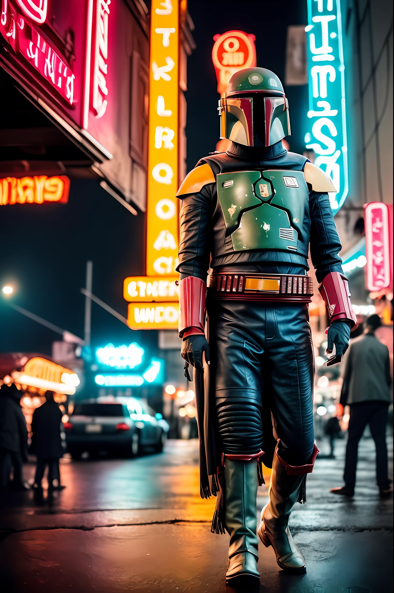 solo, man bobafett, in a cyberpunk city bustling with neon signs, night, rusty, space, planet, style, cocked hip, demure, low cut, detailed skin, matte skin, soft lighting, subsurface scattering, realistic, heavy shadow, masterpiece, best quality, ultra realistic, 8k, golden aspect ratio, intricate, high detail, film photography, soft focus, low light,