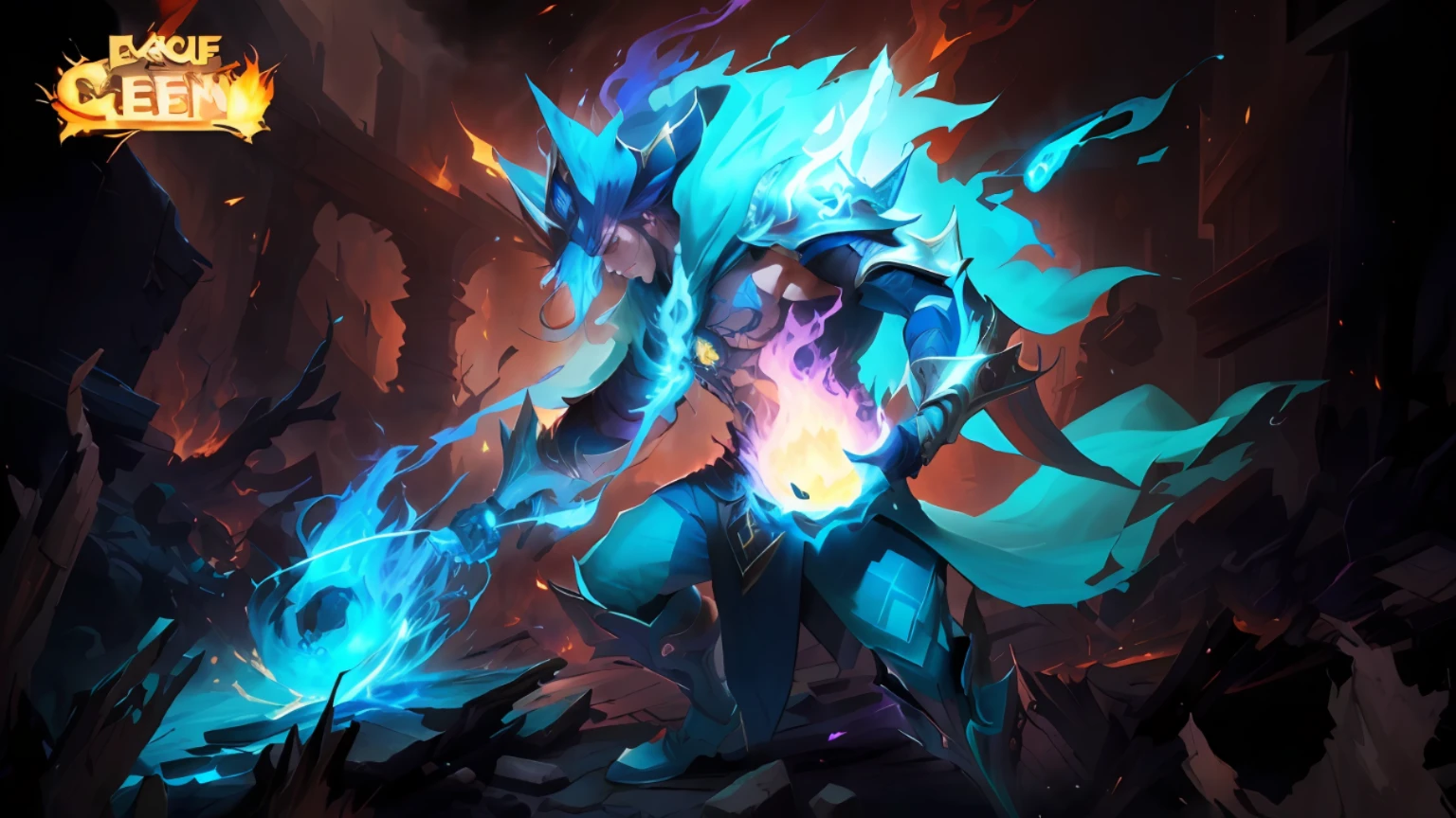 Anime character standing in dark room with blue hair and blue eyes, holding a hairy blue monster in his hand, style Durlister, Blue Flame Power, Arcane Art Style, Official Splash Art, Onmyoji Detailed Art, Fire Summoning Armor, this character has Frozen Movement, Painted in Style Arcane, Demon Soul Concept Art, Detailed Game Art, League of Legends Art Style, Pokemon Style