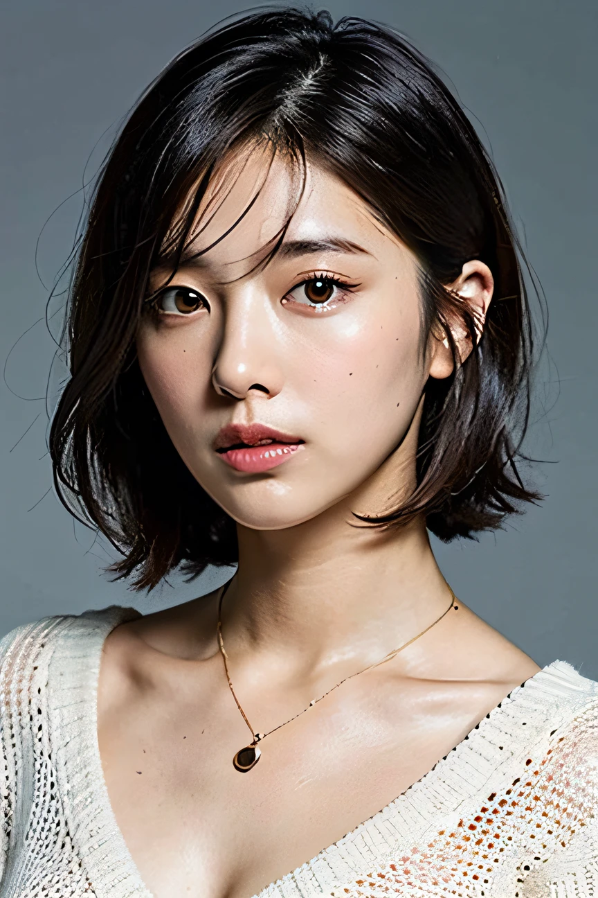 (Best quality, 8k, 32k, Masterpiece, UHD:1.2),Photo of Pretty Japanese woman, large breasts, very short bob hair,upper body,face focus,oversized_sweater, necklace, simple background, from above, looking at viewer,