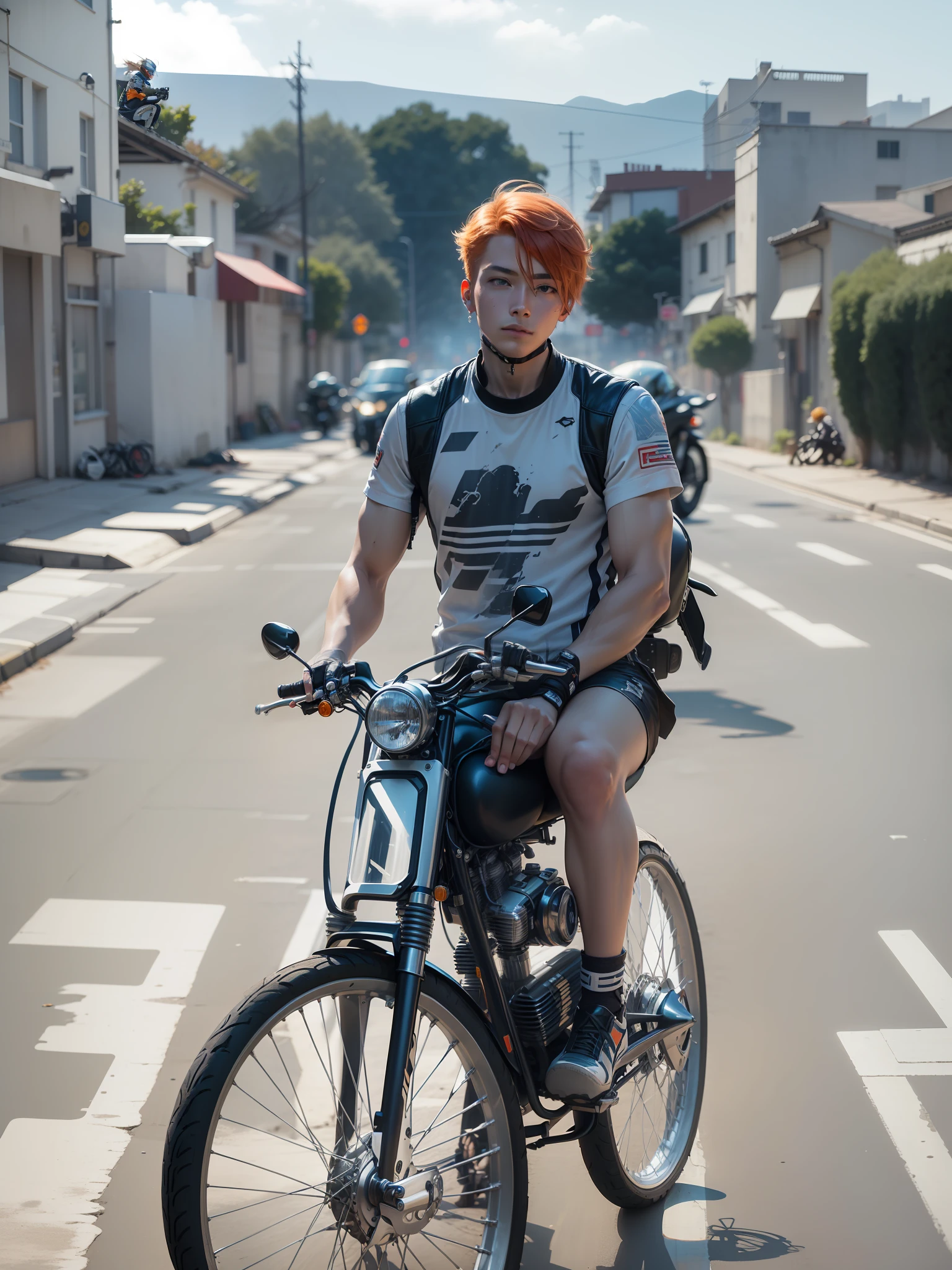 Masterpiece, best quality, tartaglia (genshin impact), gloves, mask, 1boy, blue eyes, black gloves, solo, orange hair, bangs, hair between the eyes, gray jacket, (((sitting on a motorcycle))), (motorcycle), (competitive moto), ((full body)), cyberpunk, street, night --auto