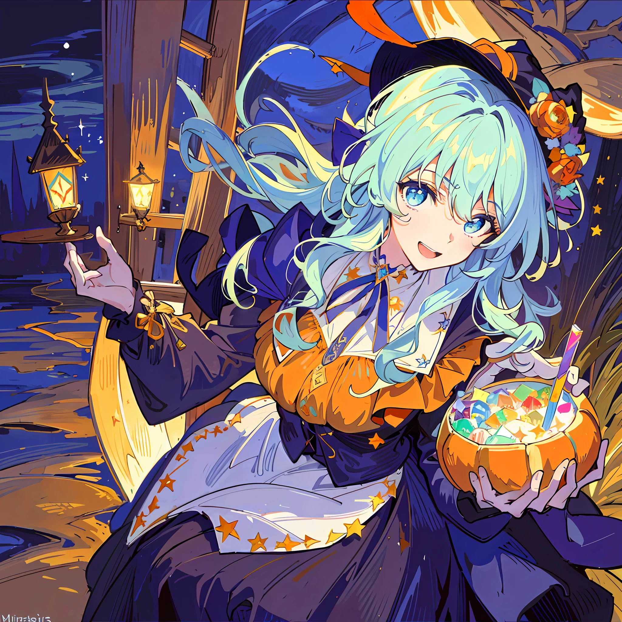 ((masterpiece:1.2, best quality)), 1girl, solo, (witch hat), a close up of a girl with curly hair, dress, aurora, night, star (sky), gloves, sky, dress, night sky, open mouth, starry sky, light blue eyes, ribbons, smile, cape, colorful hair, magic, casting spell, night, (impressionism:1.4), alphonse mucha, Halloween colors, colorful candy, magical lights, pumpkins, candies