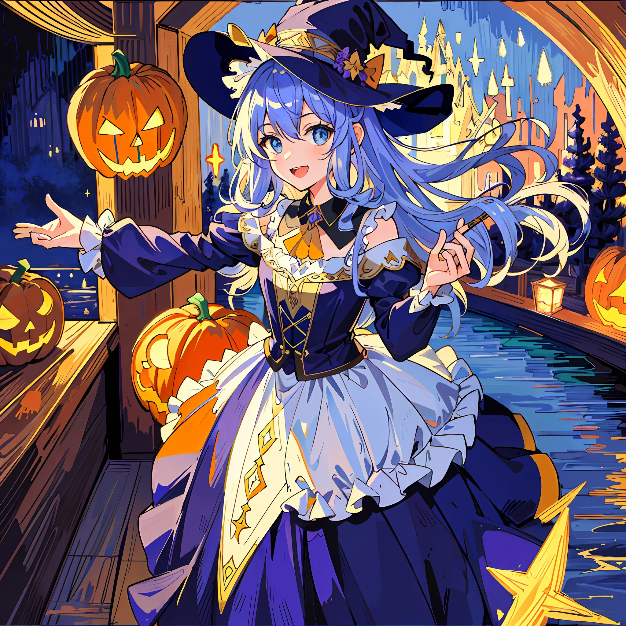 ((masterpiece:1.2, best quality)), 1girl, solo, (witch hat), a close up of a girl with curly hair, dress, aurora, night, star (sky), gloves, sky, dress, night sky, open mouth, starry sky, light blue eyes, ribbons, smile, cape, colorful hair, magic, casting spell, night, (impressionism:1.4), alphonse mucha, Halloween colors, colorful candy, magical lights, pumpkins, candies