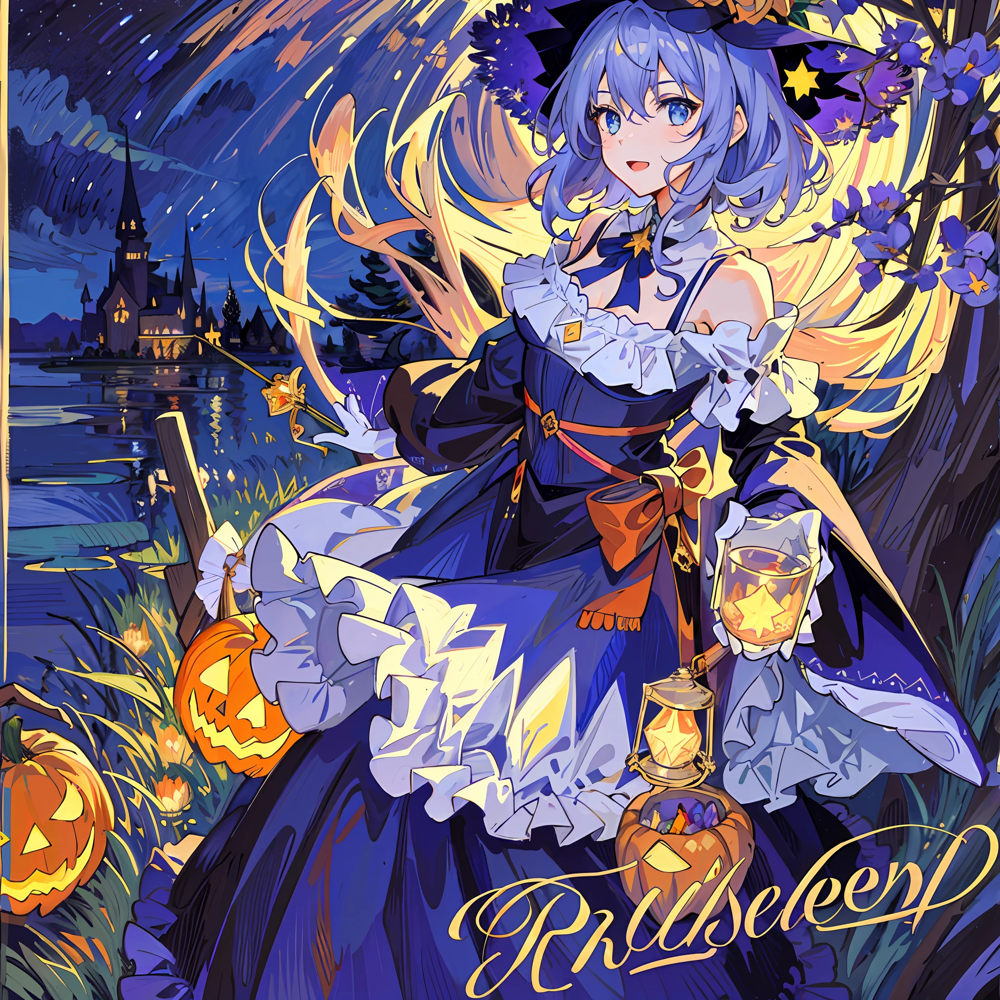((masterpiece:1.2, best quality)), 1girl, solo, (witch hat), a close up of a girl with curly hair, dress, aurora, night, star (sky), gloves, sky, dress, night sky, open mouth, starry sky, light blue eyes, ribbons, smile, cape, colorful hair, magic, casting spell, night, (impressionism:1.4), alphonse mucha, Halloween colors, colorful candy, magical lights, pumpkins, candies