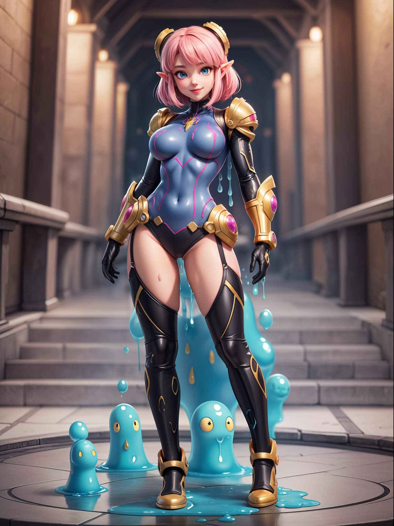 ((Full body, standing):1.5), Only Princess Zelda:wearing Samus Aran's black armor with gold parts, feathers she has extremely large breasts, very short pink hair, blue eyes, is doing erotic pose, is smiling and looking at the viewer, inside an alien dungeon, full of ((mutant slimes):1.2)., Super Metroid Style, anime, anime, Hyperrealism, Hyperrealism, 16k, ((high quality, high details):1.4), UHD, masterpiece