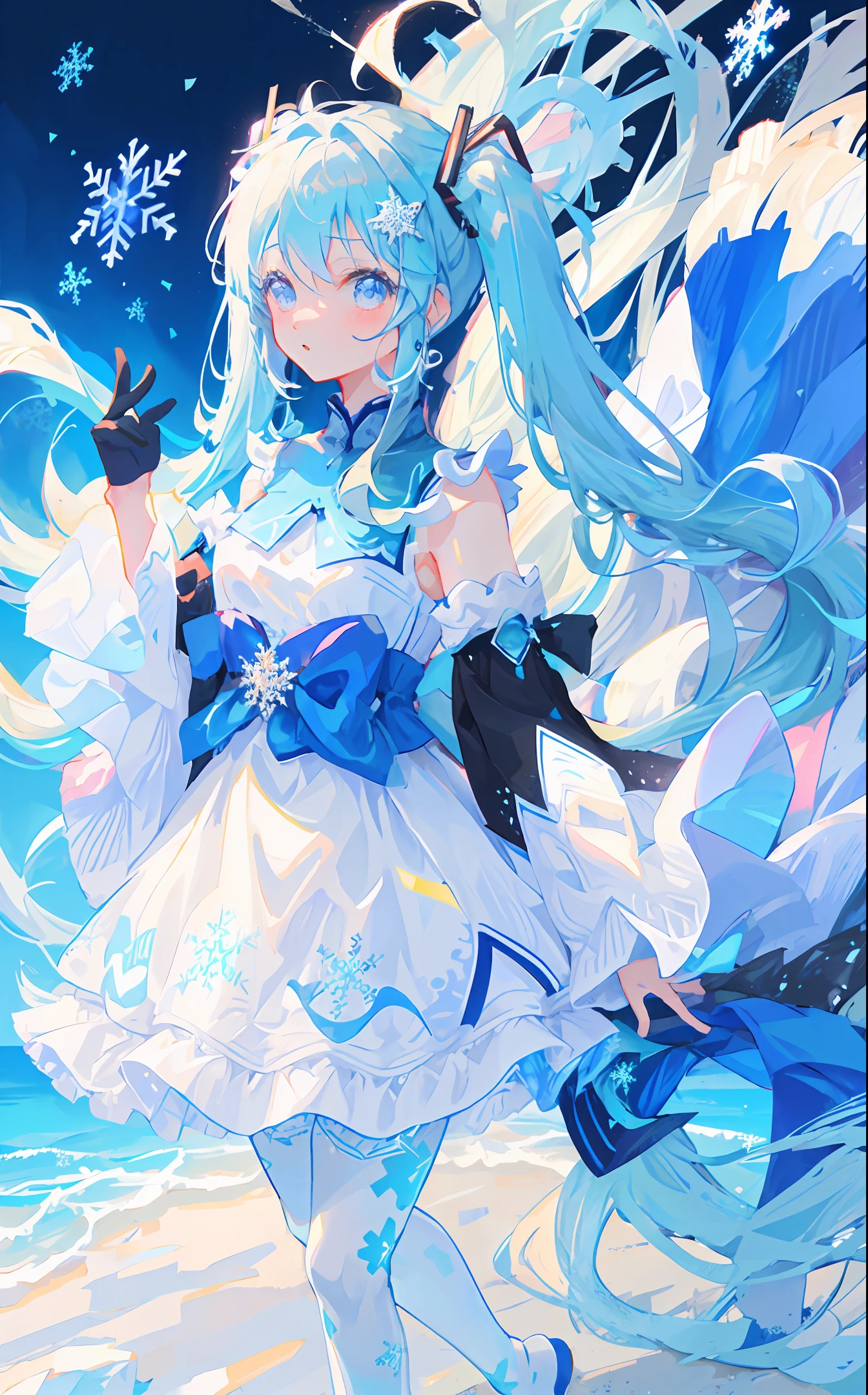 1girl, solo, Yuki Miku, long hair, twintails, (light blue hair:1.2), blue eyes, ((snowflake_print)), snowflake_hair_ornament, detached sleeves, puffy sleeves, puffy detached sleeves, musical note hair ornament, frills, light blue dress, white pantyhose, Japanese clothes, center frills, best quality,