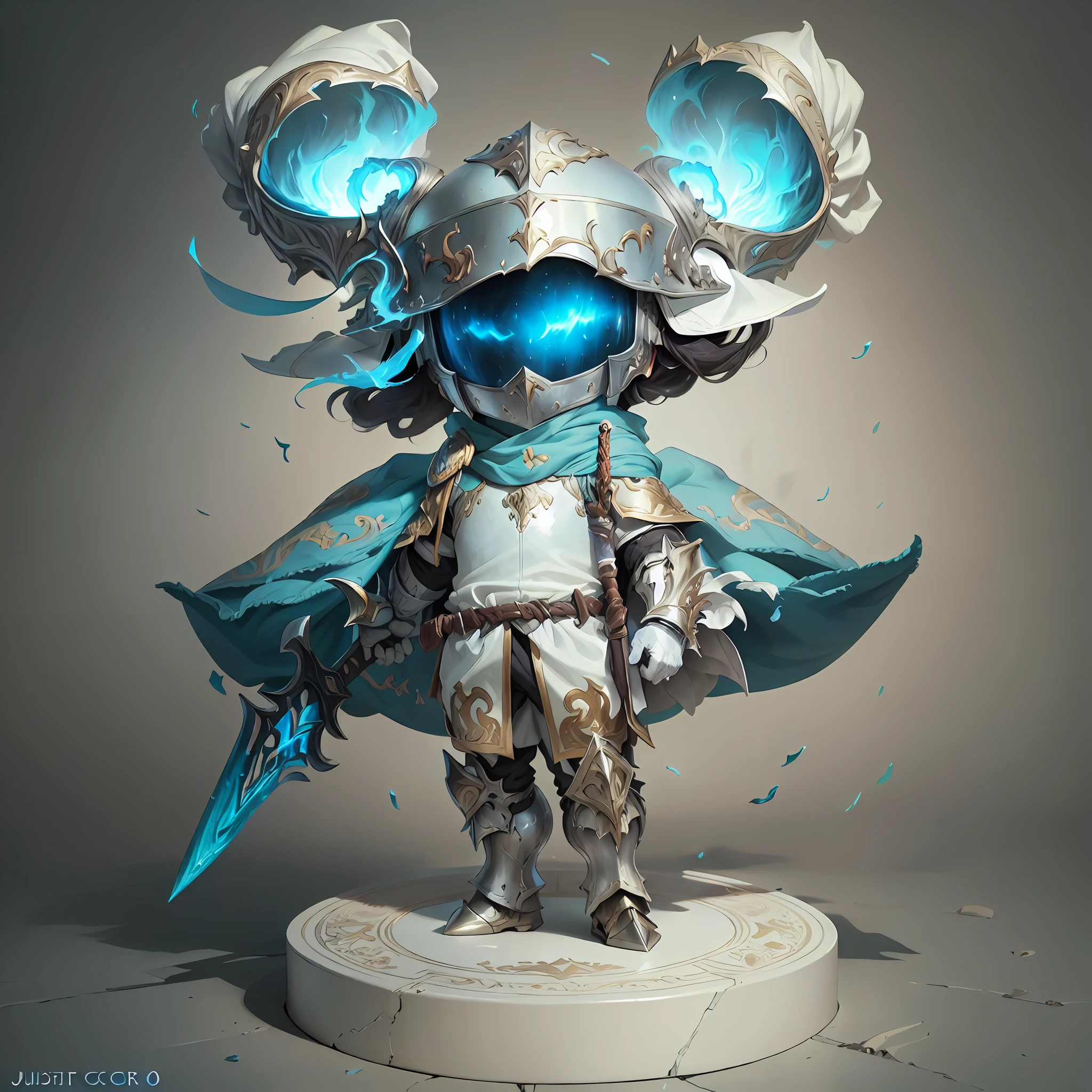 ((artwork by Justin Gerard)),card game illustration,(Masterpiece),(Best Quality),(extremely detailed CG unity 8k wallpaper),(Silver armor, white clothes, blue cloak, black visor, white gloves,),1 executive officers standing in a plate,holding weapon,(helmet mask),(white background),simple background,