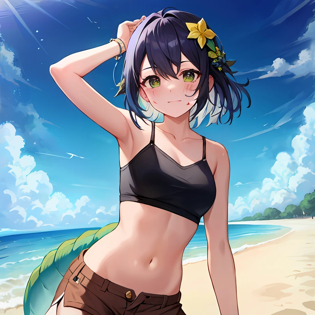 masterpiece, best quality, neeko, hair jewelry, hair flower, brown shorts, cropped top, lizard tail, marks on the face, on the beach,