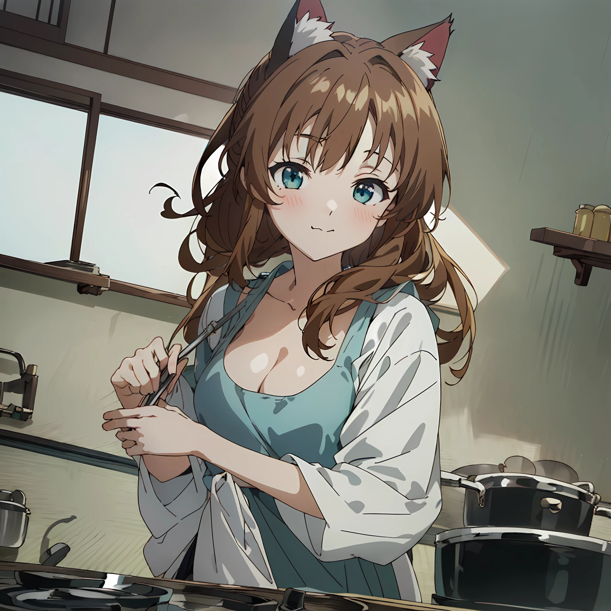 (Super detailed, high resolution, Kyoto animation style anime illustrations, highest quality official art featured: 1.6), beautiful face, eyes, highly detailed body, very detailed hair, nice hands, perfect hands, beautiful hands, (1 girl: 1.4), (Chibi: 0.8), (cute: 1.2), (cute: 1.2), (loli: 0.5), one girl, cat ears, (big, Looks large cleavage, brown hair, semi-long hair with trimmed hair, Long sleeves, looks good: 1.5), (Girl who cooks with a tickin, : 1.4), (Dynamic angle, look away, upper body, sports bra, apron, cotton panties: 1.2), (light smile, 17 years old, brown hair, ponytail, cat ears, aqua eyes, slender girls), (3 Japan apartment, daylight, rest, indoor, kitchen, stove, sink, shelf, from above
, ((looking down)), ((looking away)), closed mouth, cooking, lunbh on table,