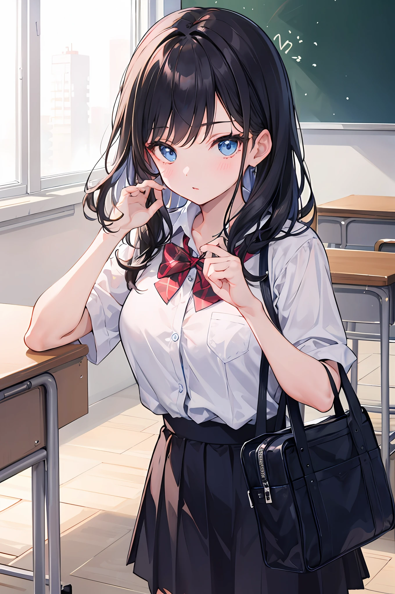 (1 girl: 1.1), ,//, blue eyes and handbag,, black hair, campus, (classroom: 1.1), desk, blackboard, chest pat