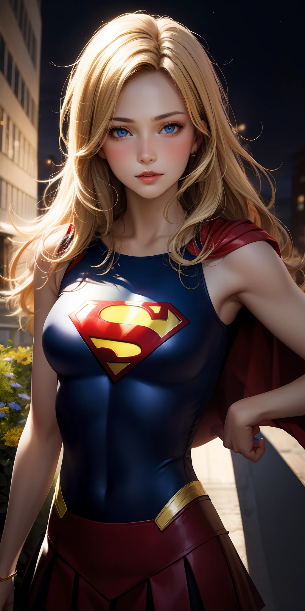 realistic, 1girl, blonde hair, blue eyes, bright blue eyes, cropped top, skirt, lips parted, blush, night, flowers, sun, sunlight, with Superman letter S on his chest.