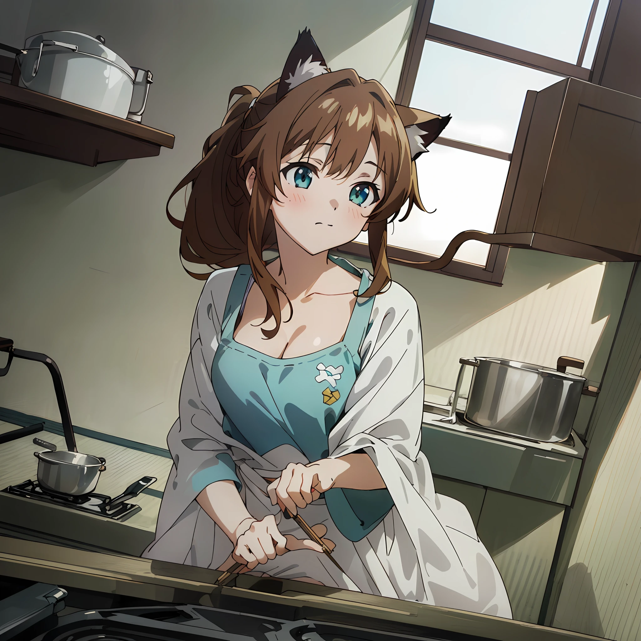 (Super detailed, high resolution, Kyoto animation style anime illustrations, highest quality official art featured: 1.6), beautiful face, eyes, highly detailed body, very detailed hair, nice hands, perfect hands, beautiful hands, (1 girl: 1.4), (Chibi: 0.8), (cute: 1.2), (cute: 1.2), (loli: 0.5), one girl, cat ears, (big, Looks large cleavage, brown hair, semi-long hair with trimmed hair, Long sleeves, looks good: 1.5), (Girl who cooks with a tickin, : 1.4), (Dynamic angle, look away, upper body, sports bra, apron, cotton panties: 1.2), (light smile, 17 years old, brown hair, ponytail, cat ears, aqua eyes, slender girls), (3 Japan apartment, daylight, rest, indoor, kitchen, stove, sink, shelf, from above
, ((looking down)), ((looking away)), closed mouth, cooking, lunbh on table,