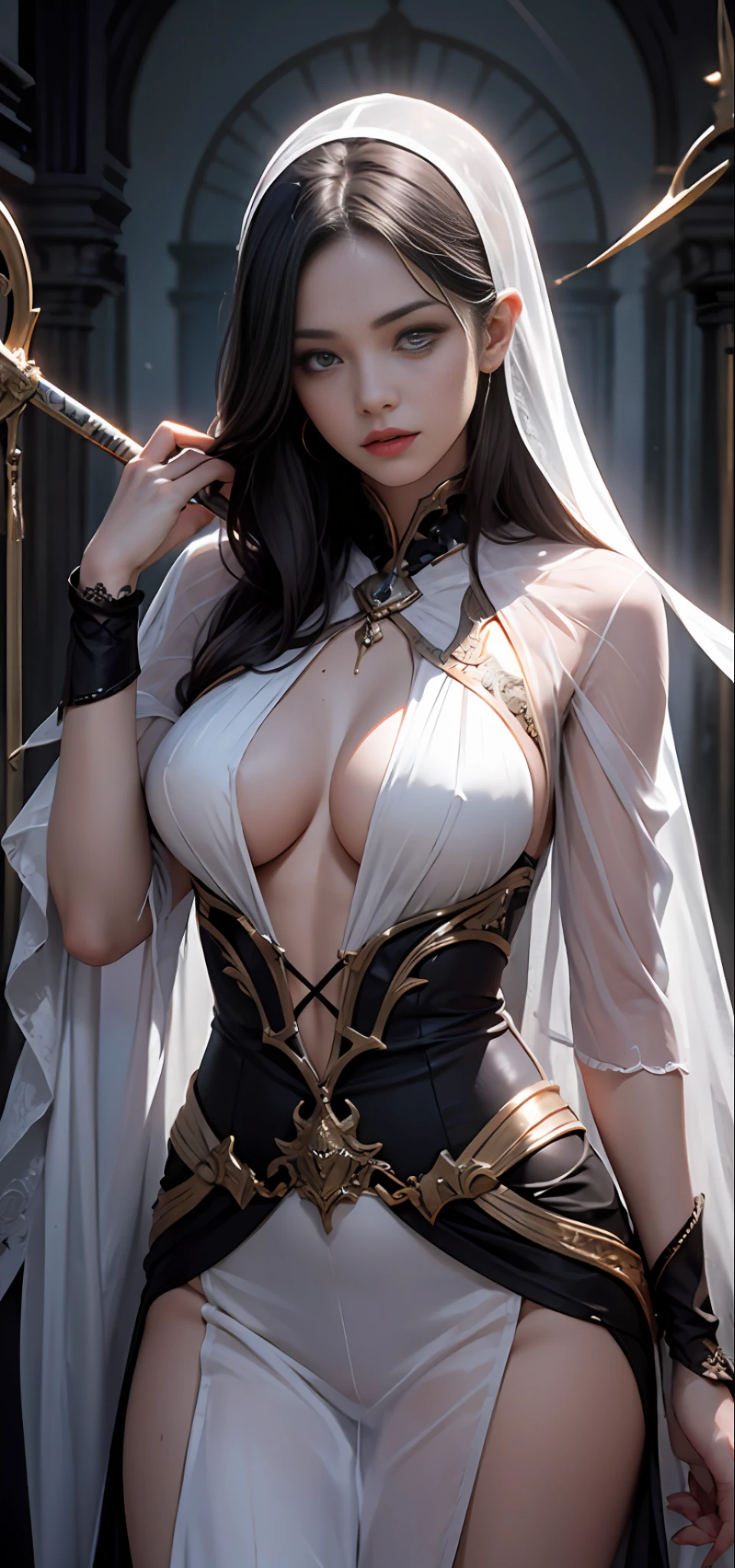 (1 girl:1.3), solo, __body parts__, official art, unified 8k wallpaper, super detailed, beauty and aesthetics, beautiful, masterpiece, best quality, gloomy atmosphere, calm color palette, peaceful mood, soft shadow, female assassin, charm spell, weapon, assassin's dogma, bare boobs, bare upper body, bare lower body, big breasts, white transparent clothes, exposed, sexy clothes, transparent clothes, pink, , sexy expression, very little fabric, tattered clothes, tattered clothes, breasts, faces, sexy poses, --auto