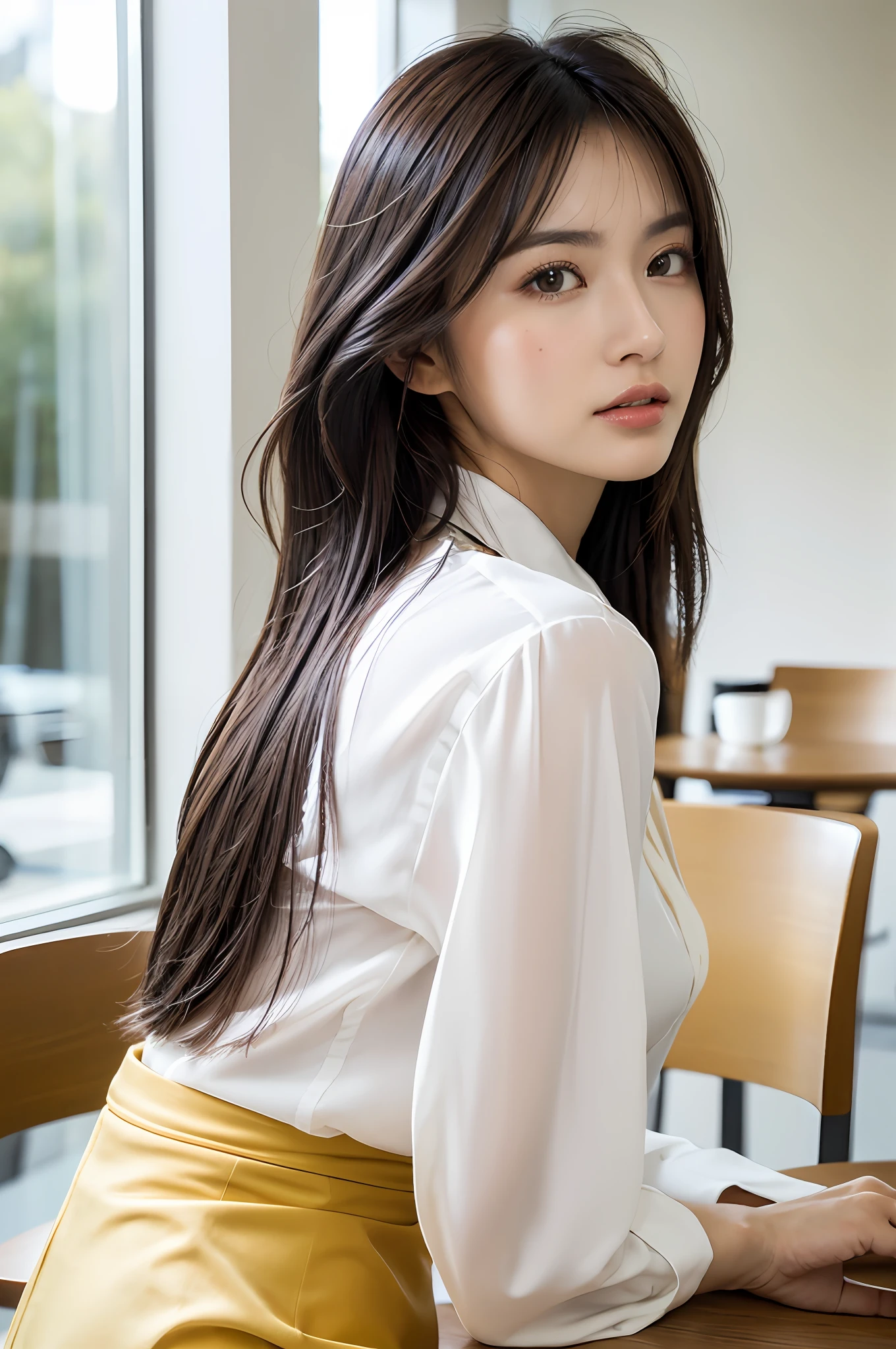 (Masterpiece: 1.3), (8k, Photorealistic, RAW Photo, Best Quality: 1.4), (1girl), Shallow depth of field, Face in focus, Soft focus, Beautiful face, (Backlight: 1.5), (Ambient: 1.3), (Realistic Face), (Black hair, Medium Short: 1.3), Hair with gentle waves, Hair that flutters and spreads in the wind, Hair behind is spread by the wind, short bangs, realistic eyes, dark brown pupils, highlights in pupils, beautiful detail eyes, (plenty of natural light), (realistic skin), beautiful skin, (blouse with white collar), (flared skirt), (pumps), watch, small handbag, light solid color pale wall surface and sky background, absurd, attractive, ultra high resolution, ultra realistic, high definition, golden ratio, Relaxing at a café table, computer and tumbler on table, backlit by the back window, pale skylight with natural light, natural light from diagonally in front of the face