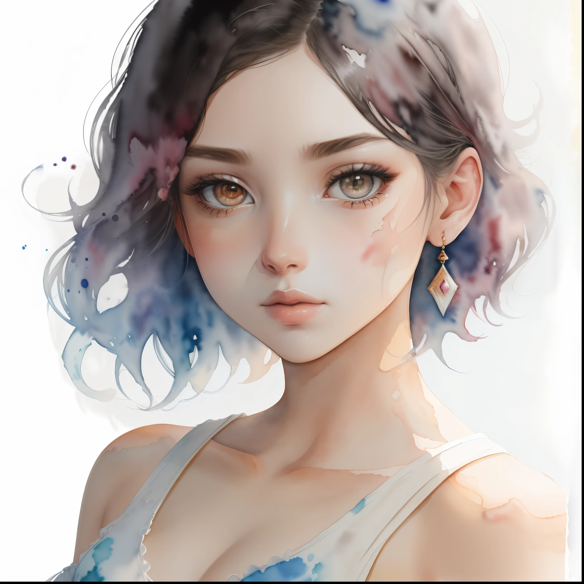 absurdres, highres, ultra detailed, (1female:1.3),upper body, BREAK (watercolor style, soft blending, dreamy washes, delicate textures,:1.4)
