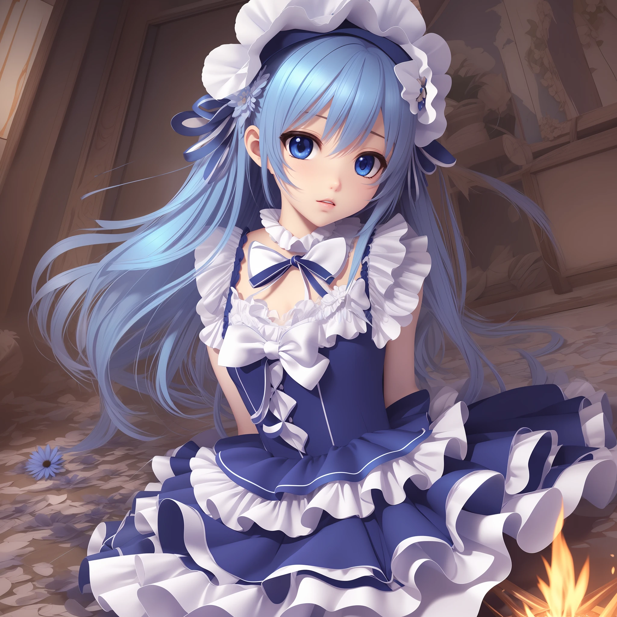Masterpiece, Best Quality, (Very Detailed CG Unity 8k Wallpaper) (Best Quality), (Best Illustration), (Best Shade), , Blue Loliress, Blue Hair, Blue Bonet, Cute and Gorgeous Lolita,  Scissors, Cornflower Headdress, Magical Girl, Leaky Pee, Sex, Semen, Crash