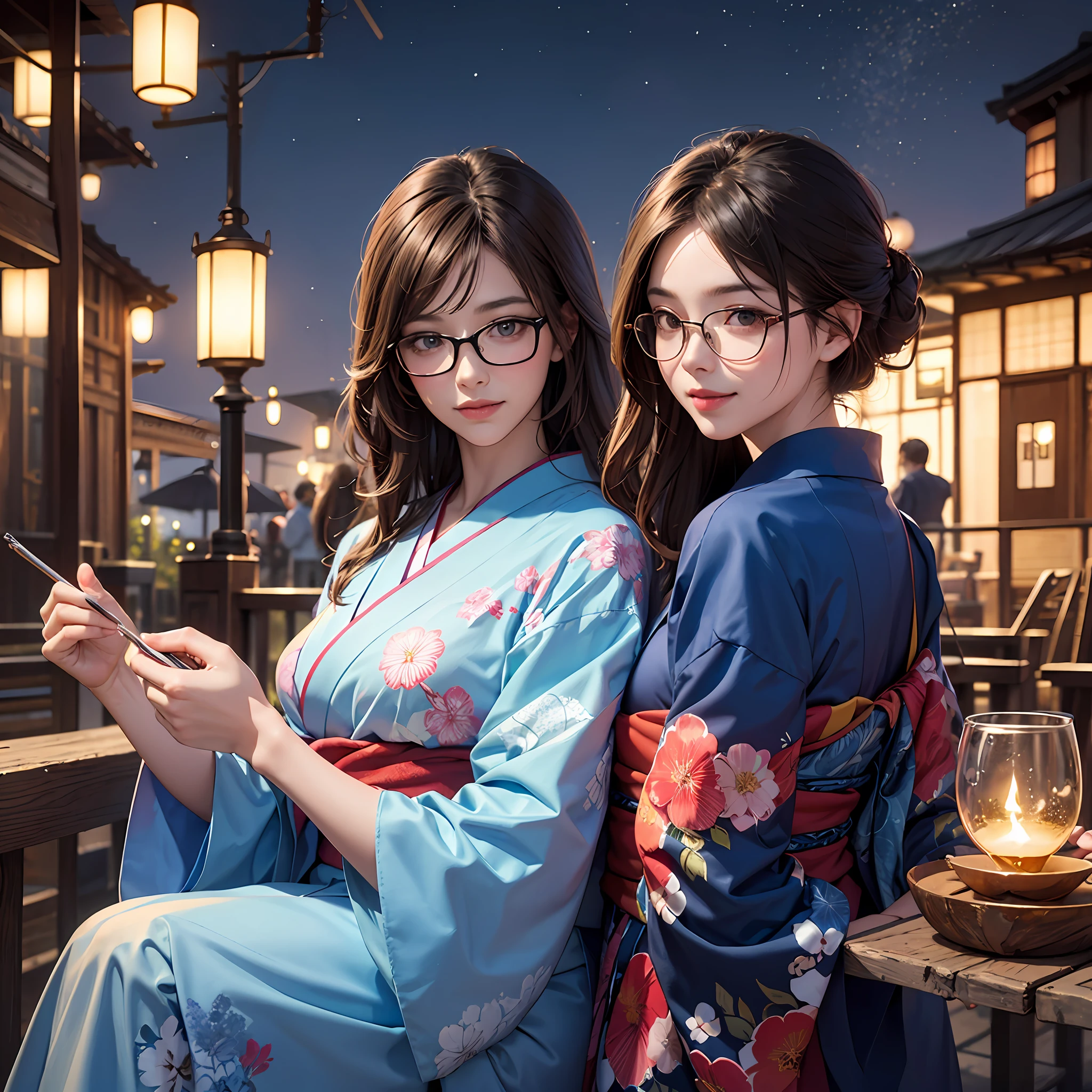 riofutaba, highres, Top quality, Illustration, Ultra detailed, (detailed face), (detailed eyes), Soft lighting, Best quality, Ultra detail, Masterpiece, 1girl, Solo, Costumes 4, Ash brown hair, Long hair, Brown eyes, Glasses, Japanese clothes, Blue kimono, Yukata, Wide sleeves, Floral, Bright eyes, Big breasts, (Colorful), Smile, Outdoors, Sitting, Night, Sky, Sky, Sky fireworks, Water, Tanabata --auto