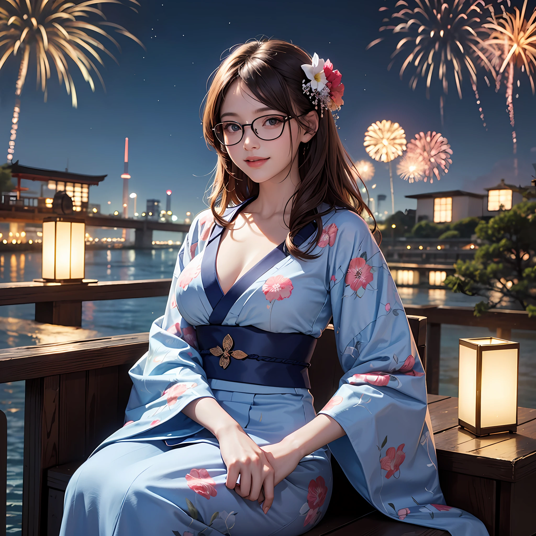 riofutaba, highres, Top quality, Illustration, Ultra detailed, (detailed face), (detailed eyes), Soft lighting, Best quality, Ultra detail, Masterpiece, 1girl, Solo, Costumes 4, Ash brown hair, Long hair, Brown eyes, Glasses, Japanese clothes, Blue kimono, Yukata, Wide sleeves, Floral, Bright eyes, Big breasts, (Colorful), Smile, Outdoors, Sitting, Night, Sky, Sky, Sky fireworks, Water, Tanabata --auto