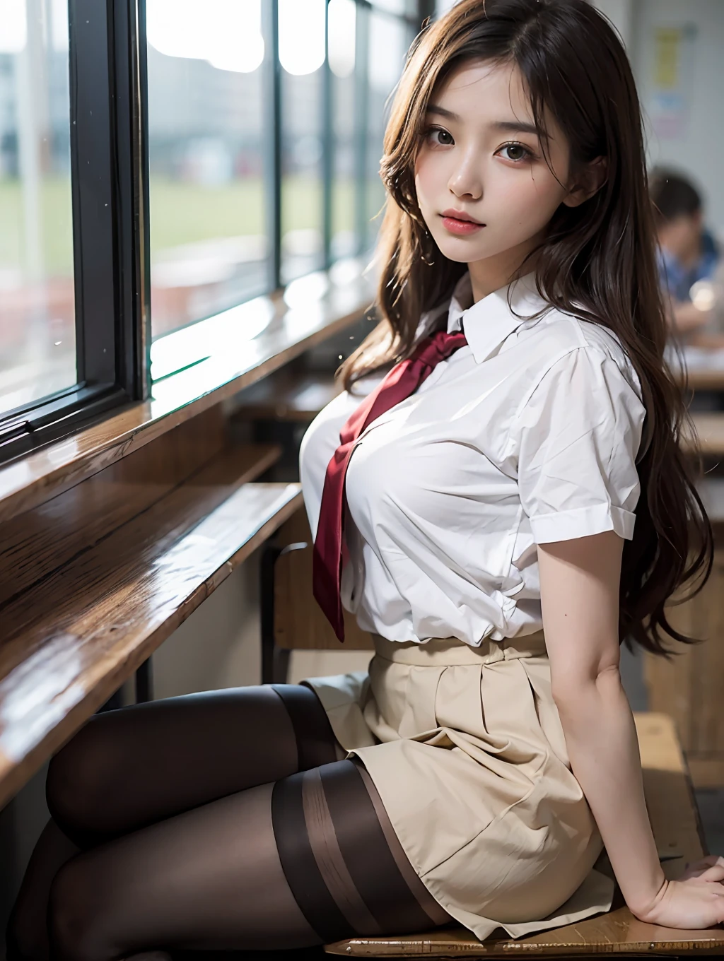 Masterpiece, Best Quality, Ultra Detailed, Illustration, Colorful, FAQ Color, Depth of Field, Lens Glow, 1girl, Hong Kong Beauty, Royal Sister Style, Sexy Style, Seated, Brunette Hair, Looking at the Audience, School, Classroom, Pleated Miniskirt, School Uniform, Serafuku, Black Pantyhose, Delicate Skin Texture, Fine Fabric Texture, Beautiful and Meticulous Face,