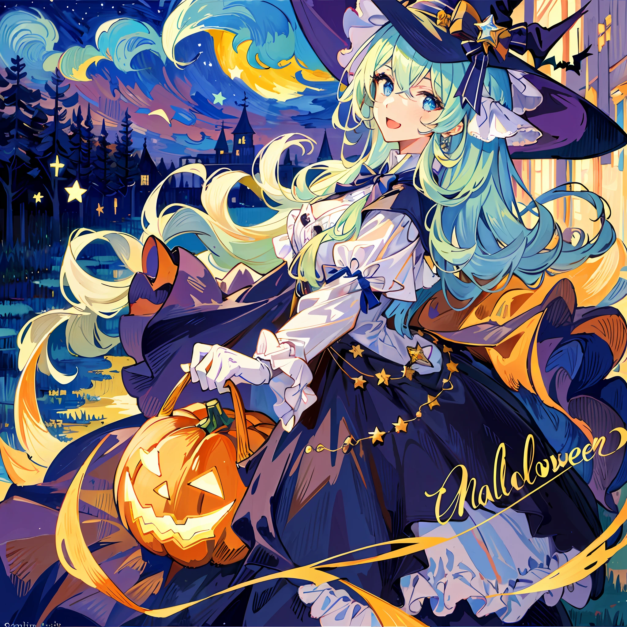 ((masterpiece:1.2, best quality)), 1girl, solo, (witch hat), a close up of a girl with curly hair, dress, aurora, night, star (sky), gloves, sky, dress, night sky, open mouth, starry sky, light blue eyes, ribbons, smile, cape, colorful hair, magic, casting spell, night, (impressionism:1.4), alphonse mucha, Halloween colors, colorful candy, magical lights, pumpkins, candies