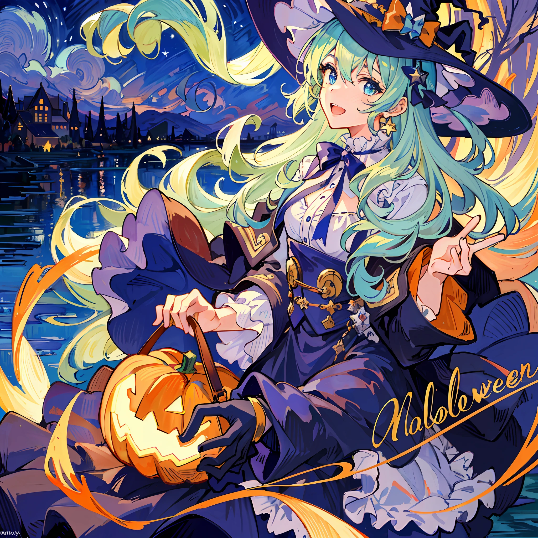 ((masterpiece:1.2, best quality)), 1girl, solo, (witch hat), a close up of a girl with curly hair, dress, aurora, night, star (sky), gloves, sky, dress, night sky, open mouth, starry sky, light blue eyes, ribbons, smile, cape, colorful hair, magic, casting spell, night, (impressionism:1.4), alphonse mucha, Halloween colors, colorful candy, magical lights, pumpkins, candies