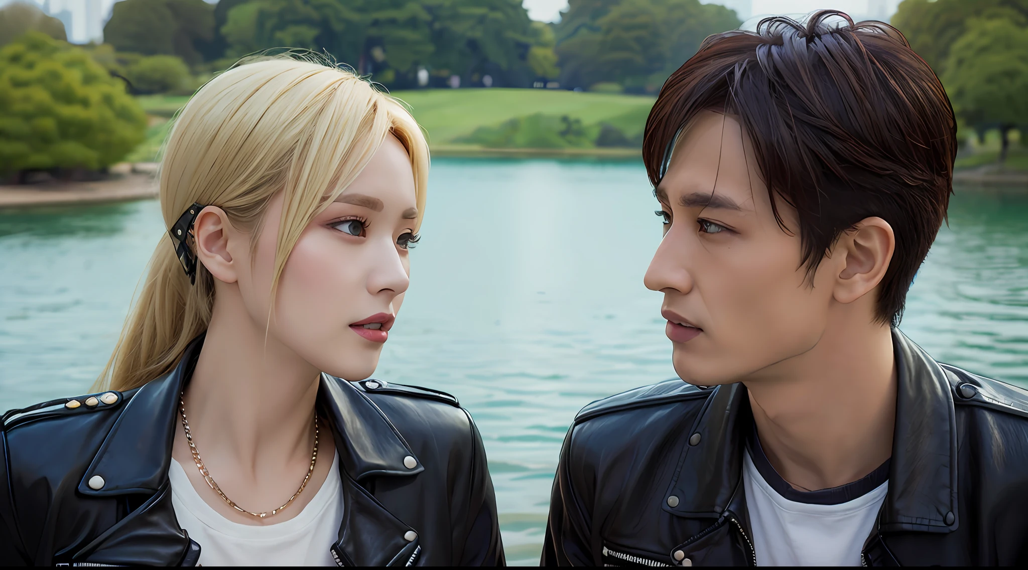 (Photorealism), (Best Quality) couple of punks, leather jacket, detailed faces, both are looking at each other, are in a very beautiful oriental park, on a lake behind them,