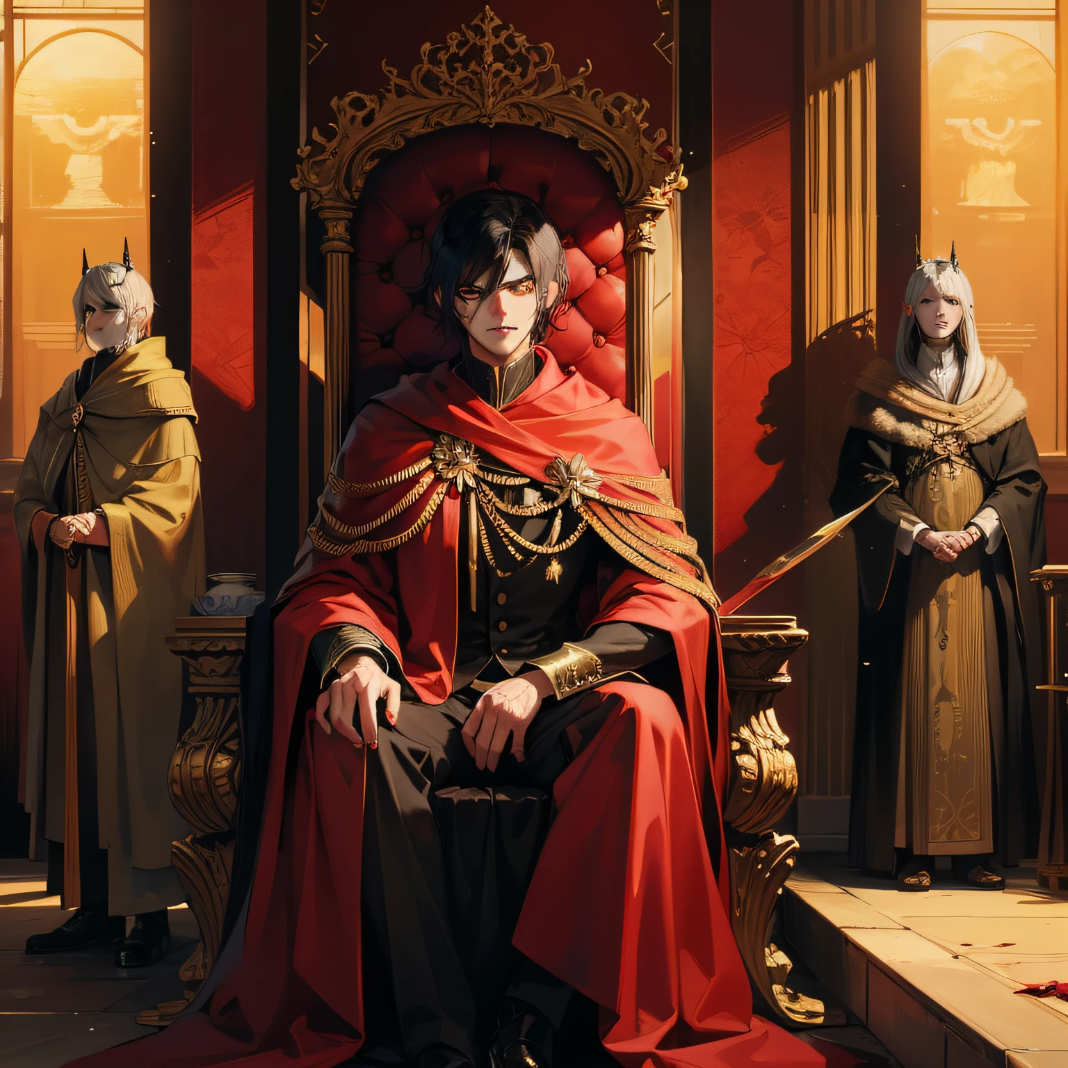 Zombie, scarlet eyes, fangs, male, with a serious face, short black hair, sitting on the throne, the throne