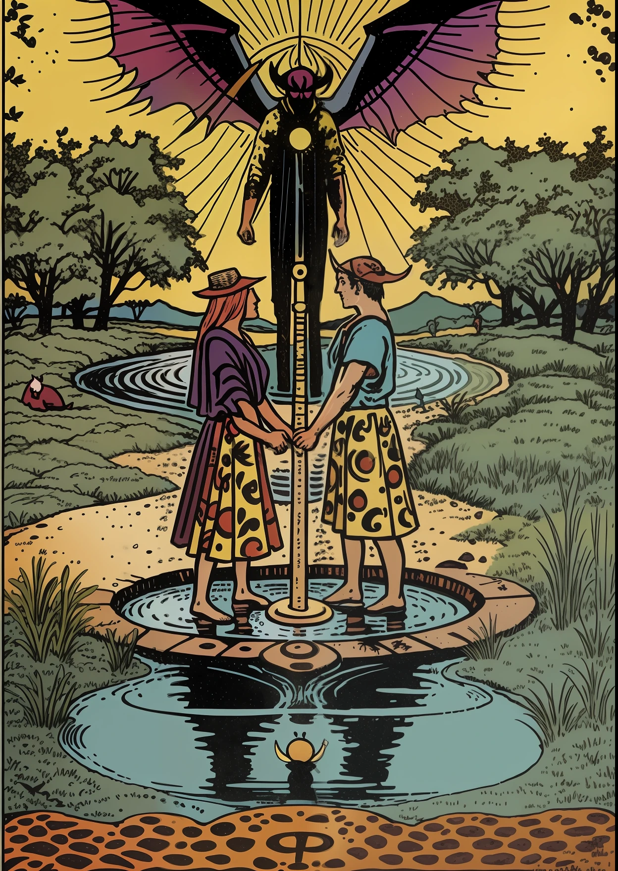 Make a tarot card style picture, the content is a couple, and then to reflect their two faces, standing on a waterhole, the shadow under the couple is a demon, want the waterhole above is ordinary humans, the reflection of the water is a demon, the male has warm colors, the women use cool colors, and then the colors are not too much