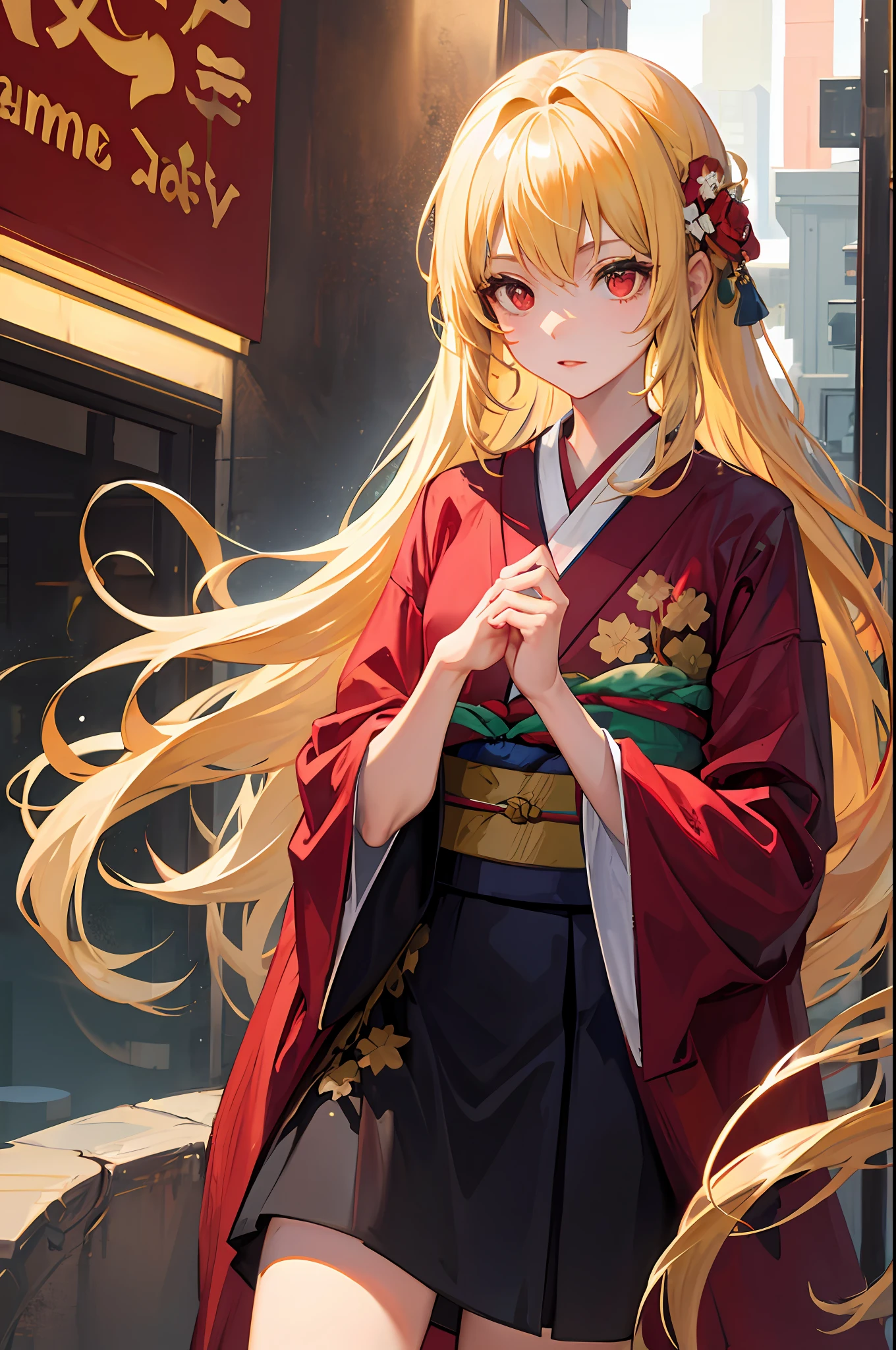 blonde, red eyes, girl, alone, solo, kimono