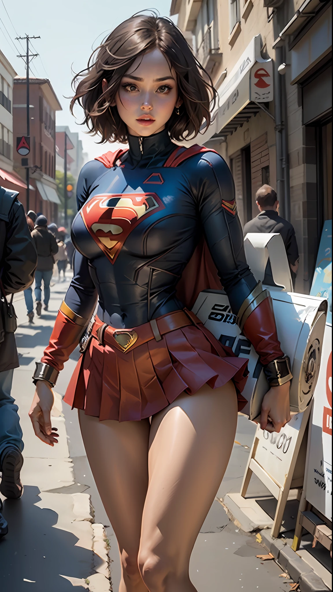 Beautiful woman short hair defined body big breasts, wearing Supergirl cosplay