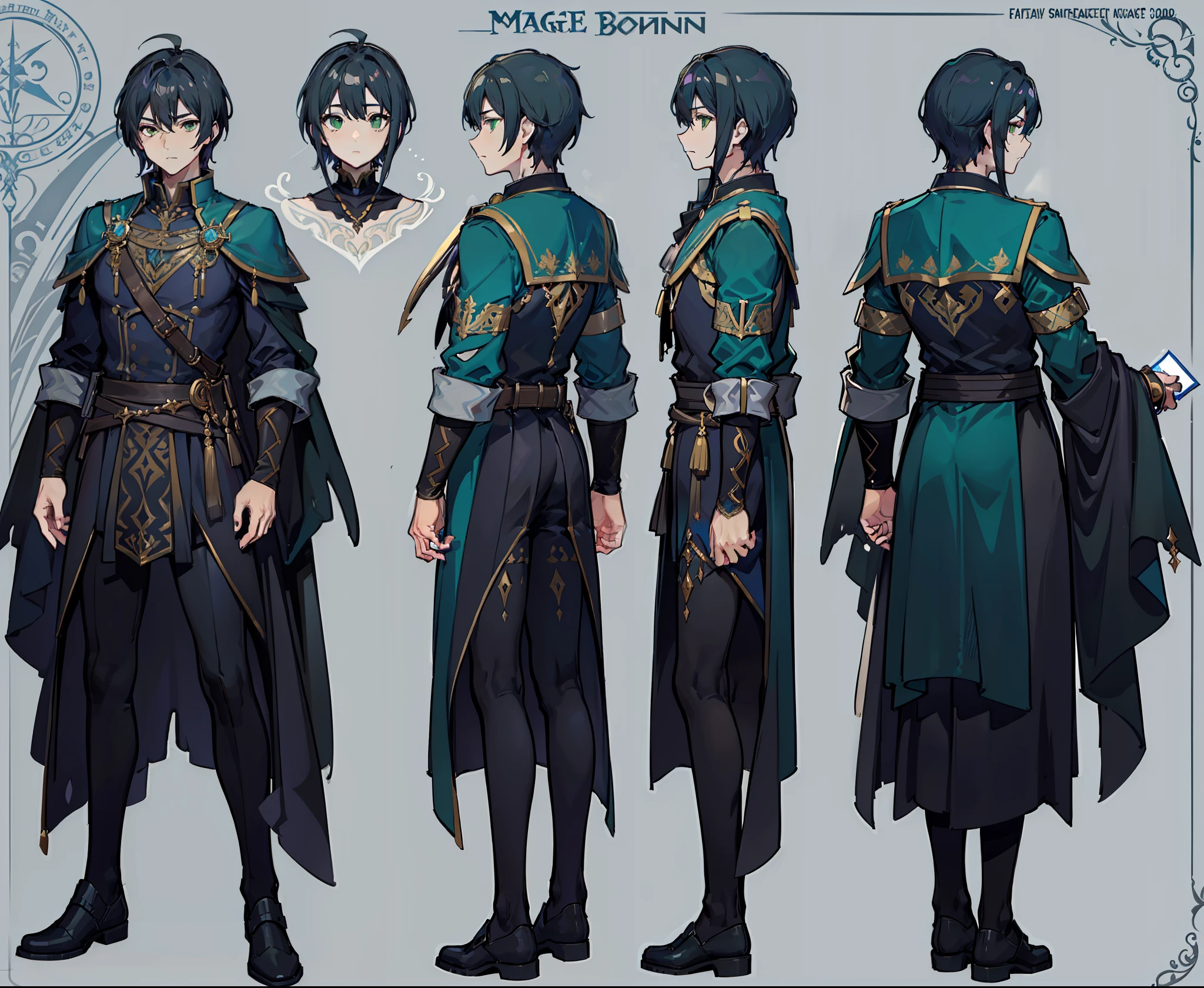 1man, reference sheet, matching outfit, (fantasy character design, front, back, side) young, mage, magic user. dark black hair, green eyes. deep blue robe adorned with intricate silver patterns, arcane arts. lean physique, fair complexion. (masterpiece:1.2), (best quality:1.3)