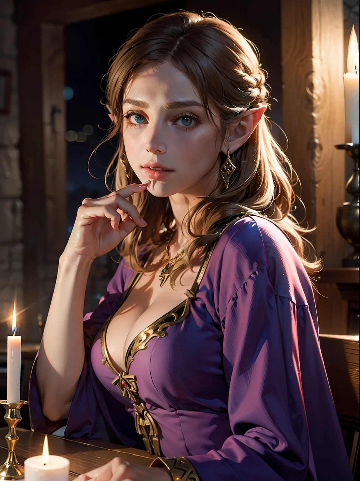 masterpiece, highres, photorealistic, best quality, 8k, best quality, ultra-detailed, perfect lighting, cinematic lighting, adult, mature, female, 1girl, solo, warm light, candle, evening, night, wood, tavern, feast, princess zelda, twpr, nintendo, the legend of zelda, purple robe, portrait, upper body, cleavage