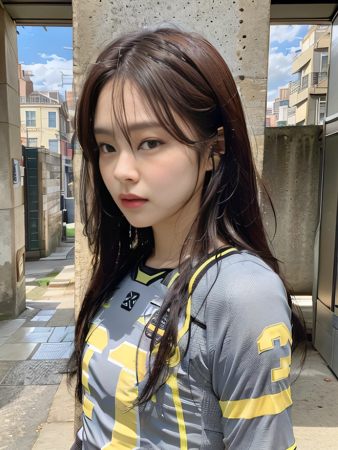 (1girl:1.3), Solo, __body-parts__, Kim Ji-ni Jennie face, wearing trendy brand, football uniform, world-weary face, cold eyes, Korean style photo photo, photography lighting, strong contrast, sunlight on the face, world-weary face, high-class sense, cold eyes, feminine, cement gray background, 8k resolution image, intricate symmetrical details. The whole picture goes forward, mainly a woman standing all over her body, with smooth movements and a complete picture.