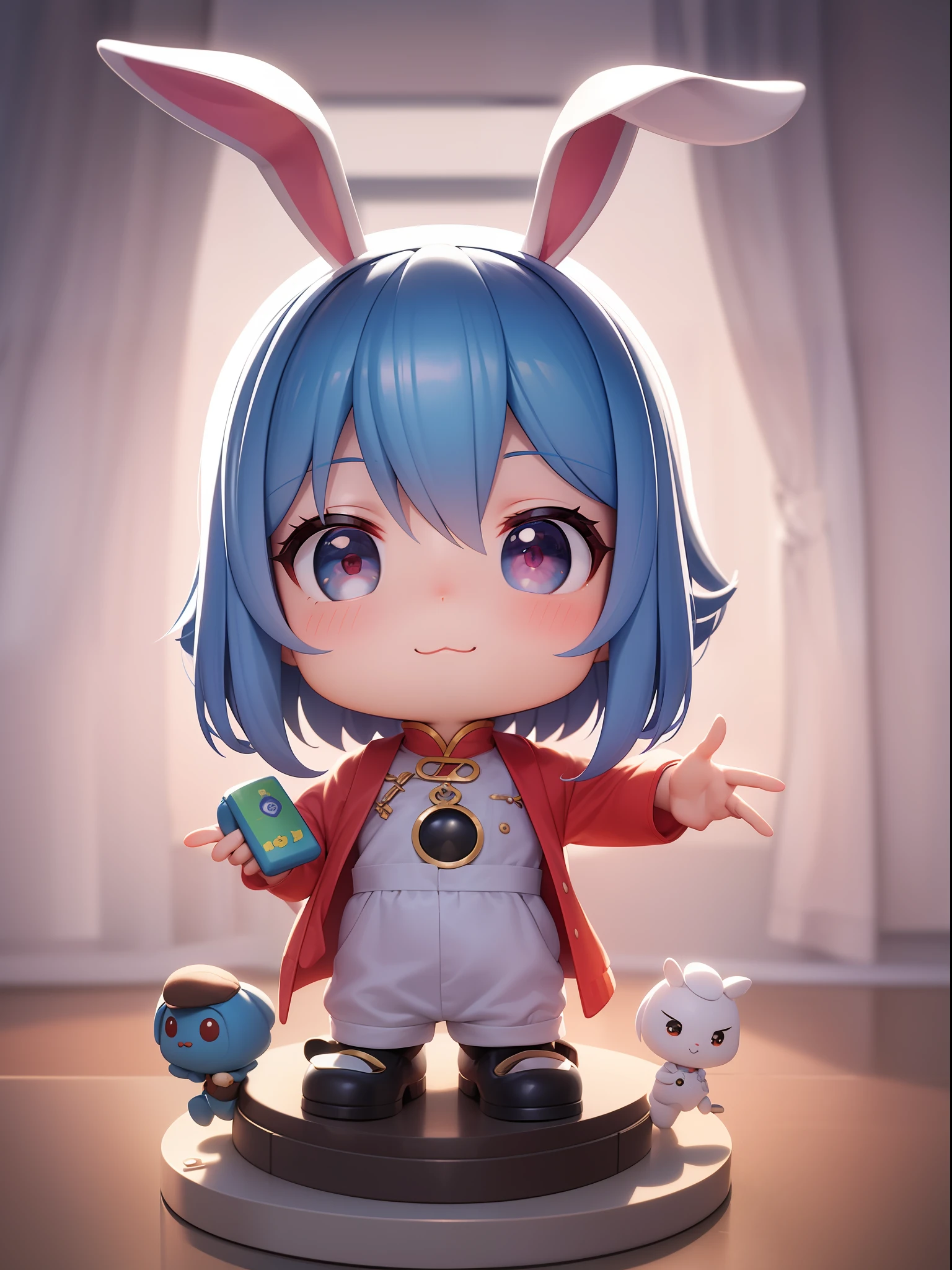 PopMart blind box IP, Chinese zodiac, super cute boy wearing rabbit shaped hat, technological elements, fashionable clothes, streamlined 3D/C4D production: 8K HD picture quality/lighting/ultra-fine lens depiction 1.5, flawless, chibi background/cinematic sense.